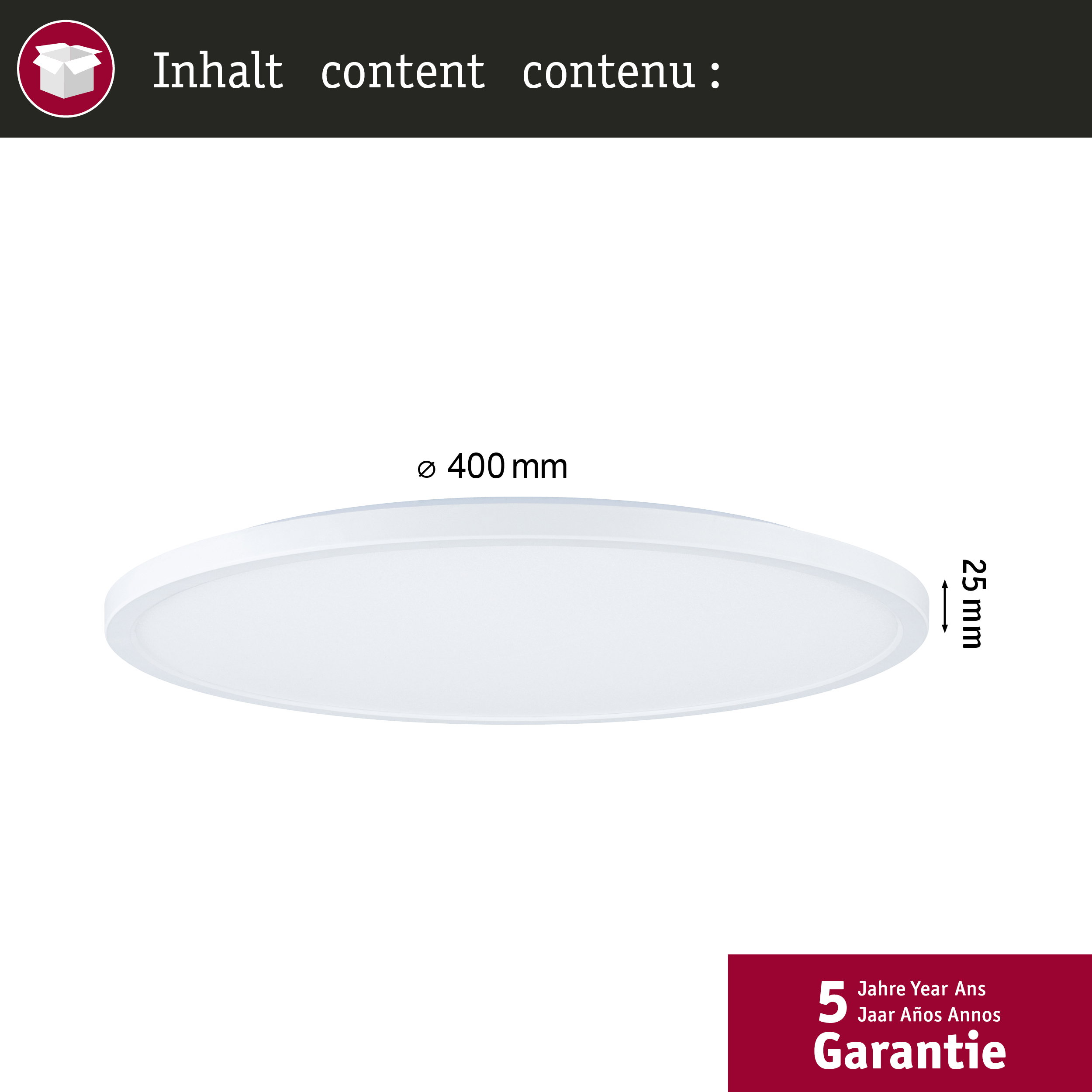 Eine weiße runde Lampe mit 400 mm Durchmesser und 25 mm Dicke.