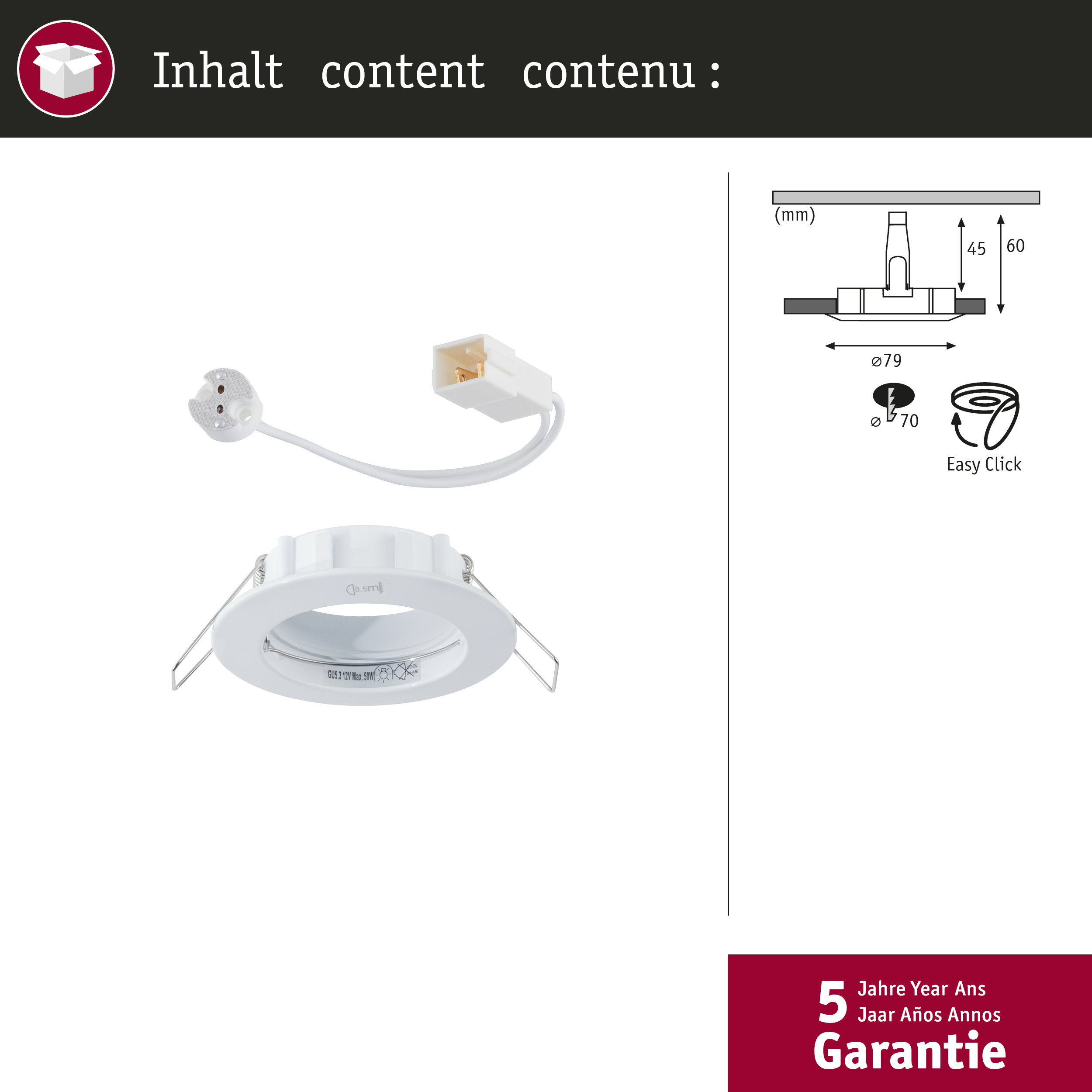 Reflektor wpuszczany z gniazdem GU5.3, 12V, 50W, otwór ø79mm, głębokość 45mm.