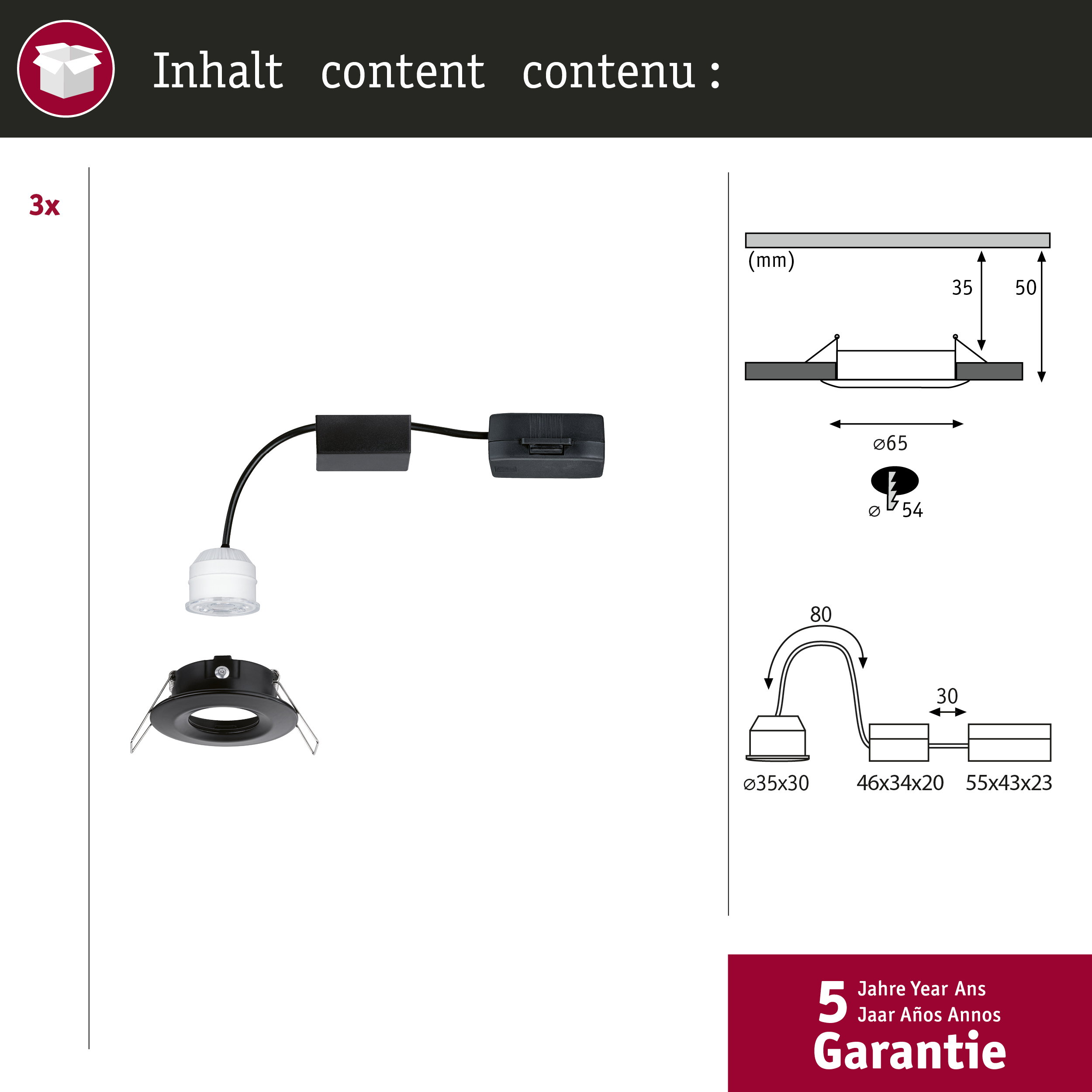 Lampa wpuszczana z akcesoriami i wymiarami. 3 szt.