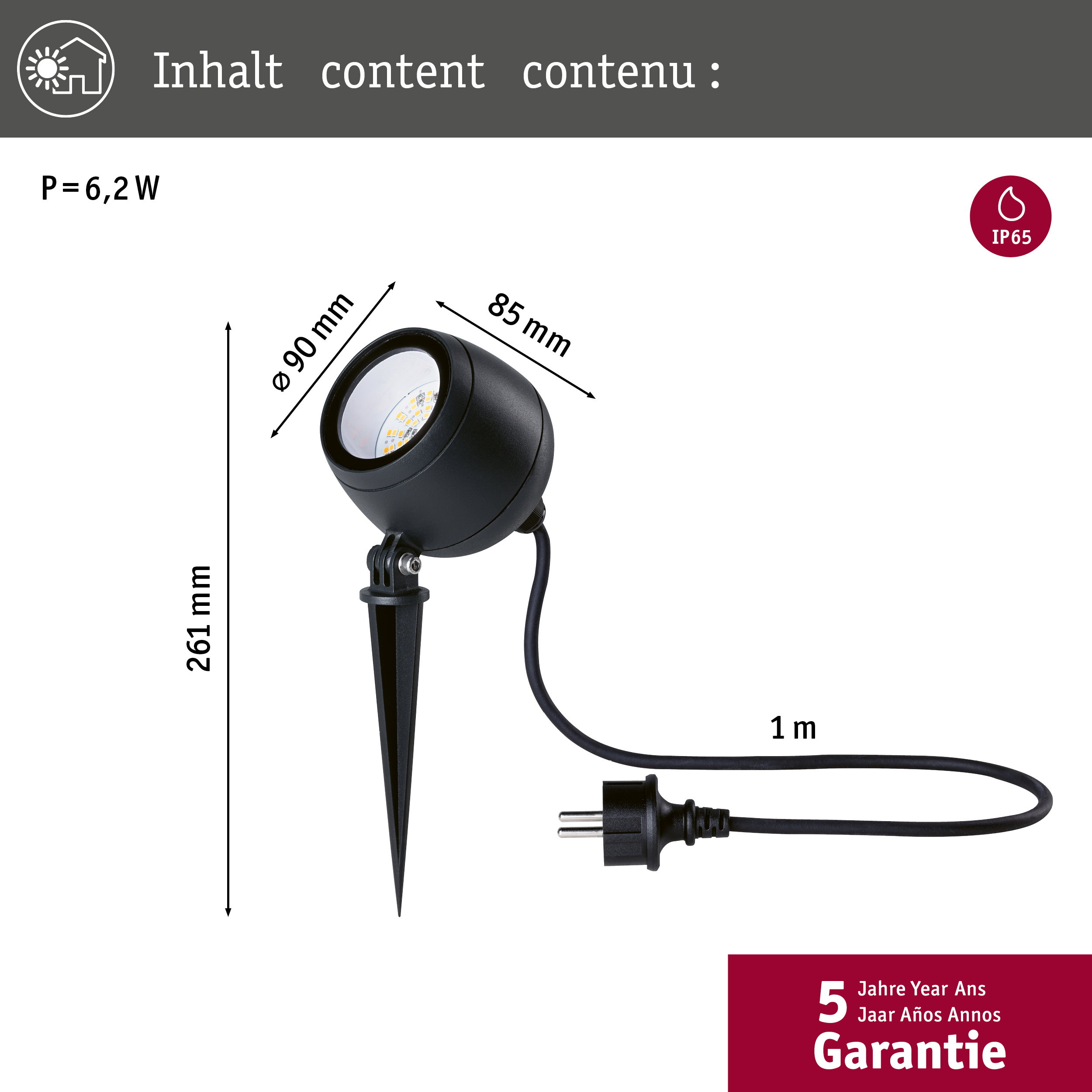 Schwarzer LED-Erdspießstrahler, 6,2W, 261mm hoch, 90mm Durchmesser, IP65.