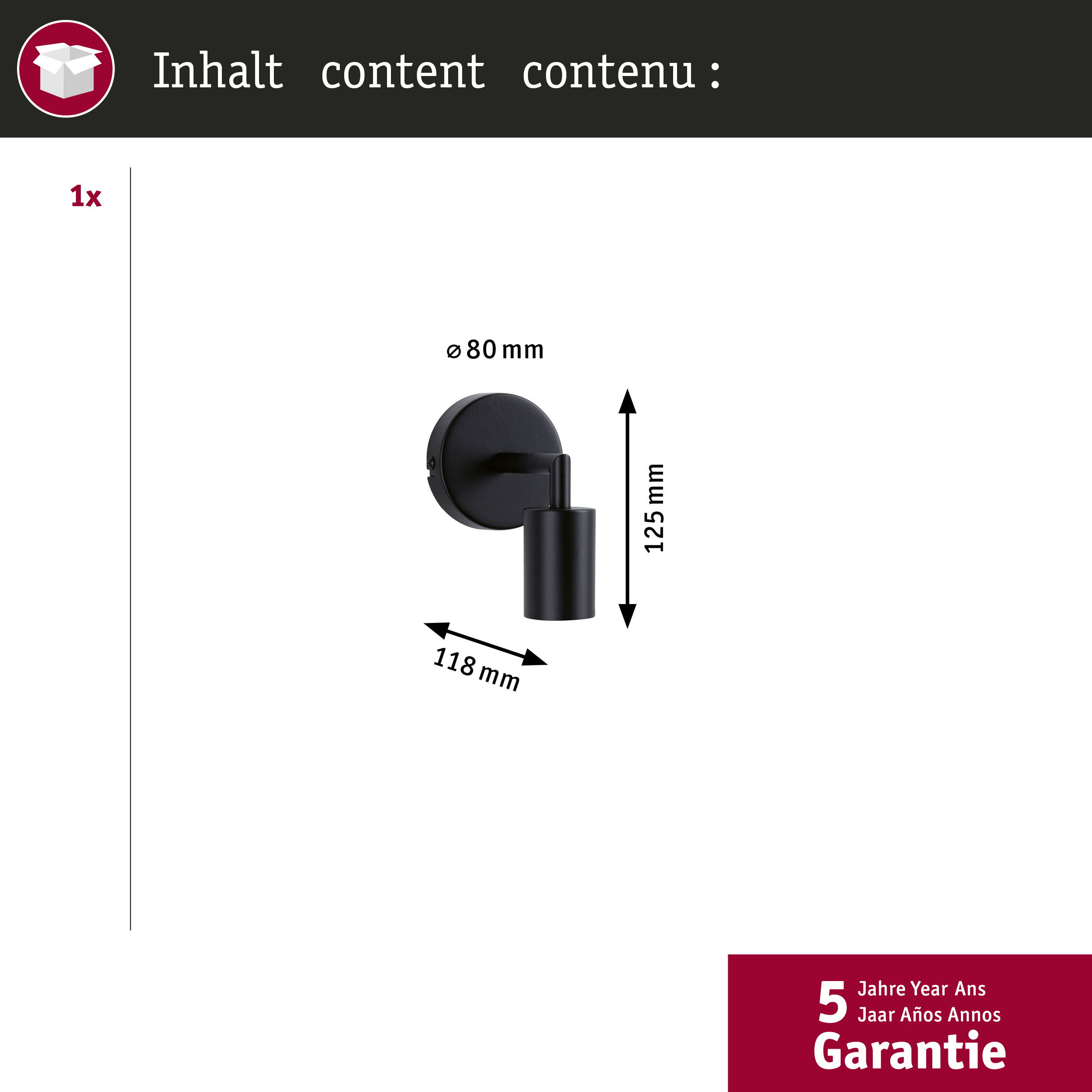 Schwarze Wandleuchte mit Maßen 80mm, 118mm und 125mm.