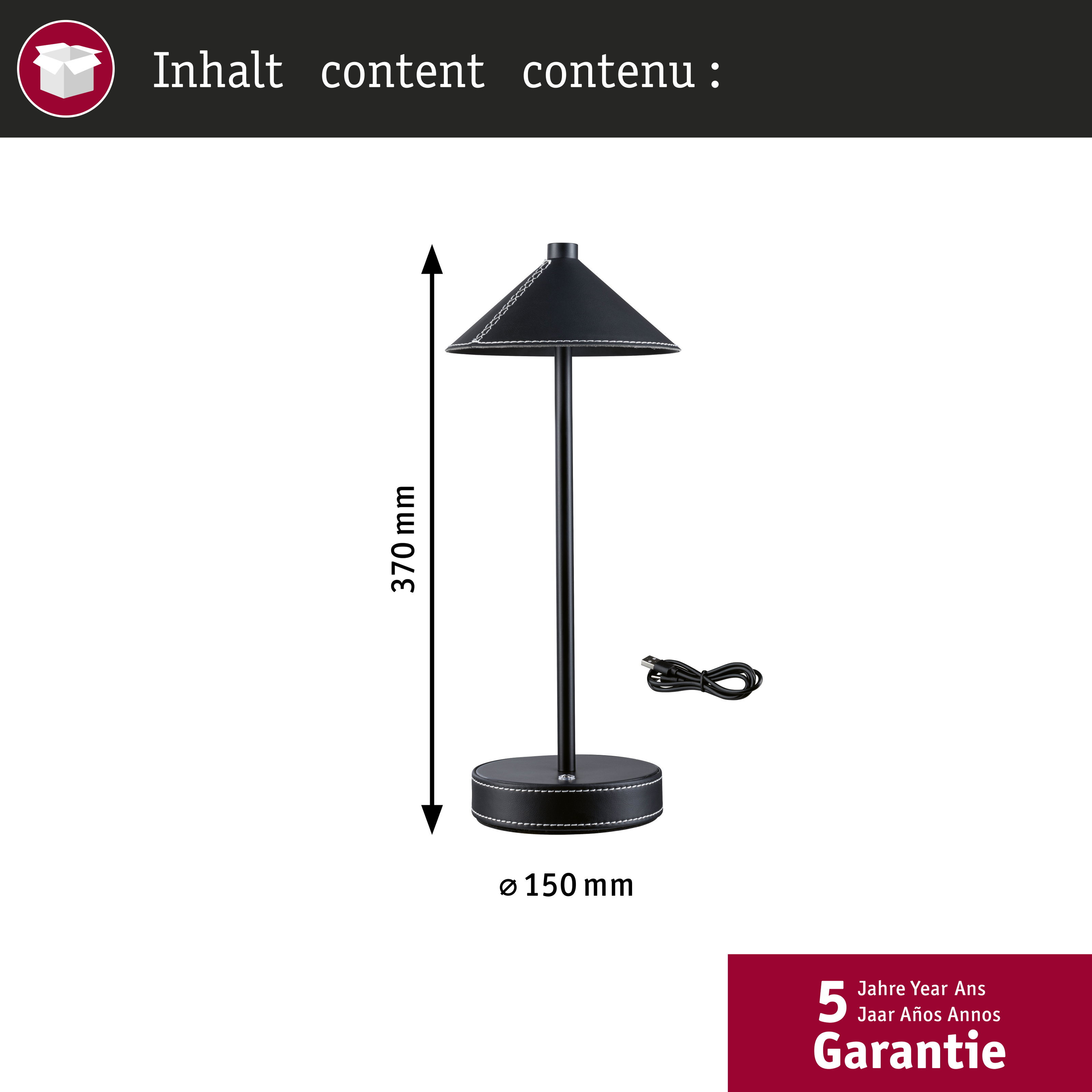 Czarna lampa stołowa z imitacji skóry i białymi szwami, 37cm wysoka, 15cm szeroka.