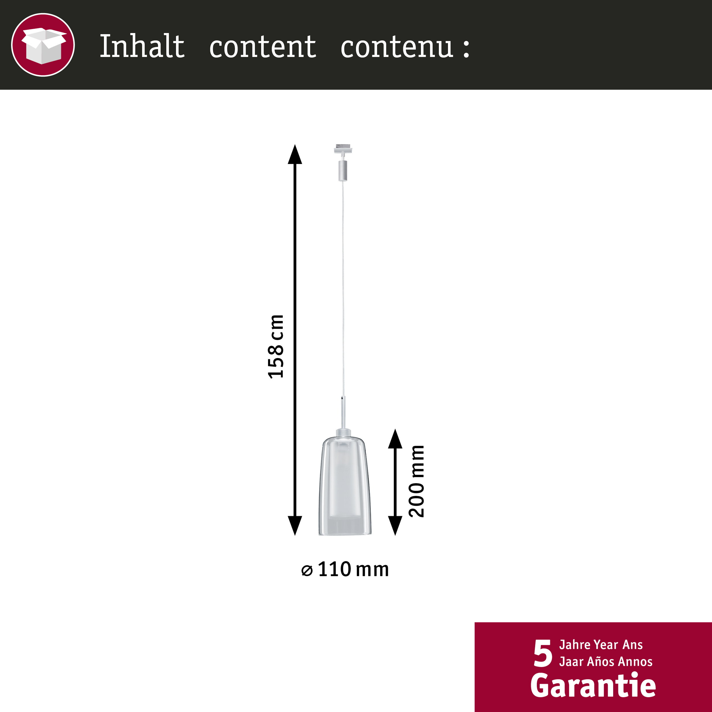Lampada a sospensione con paralume in vetro, alta 158cm, diametro 110mm.