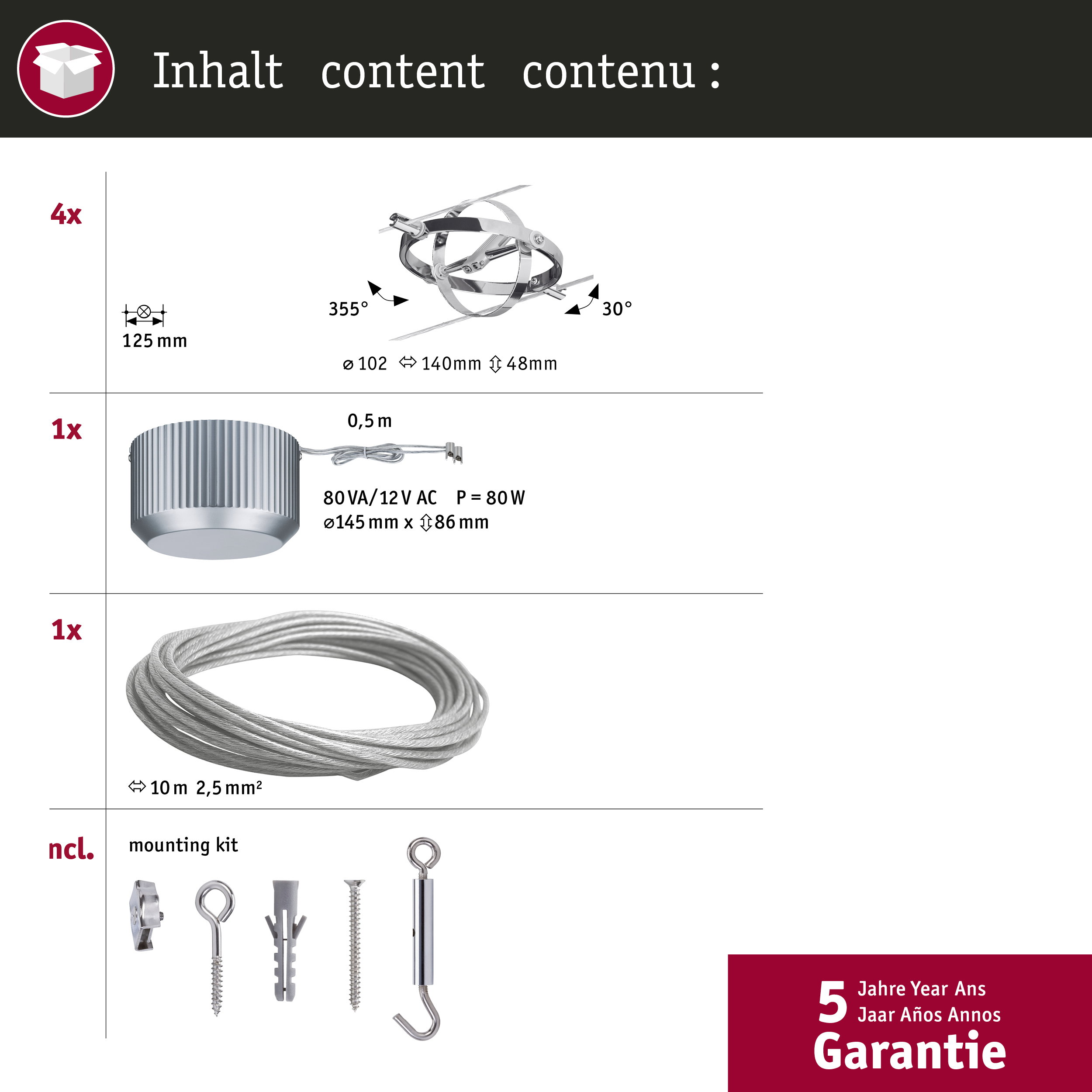 Zawartość: 4x uchwyt, 1x lampa, 1x kabel, zestaw montażowy. 5 lat gwarancji.