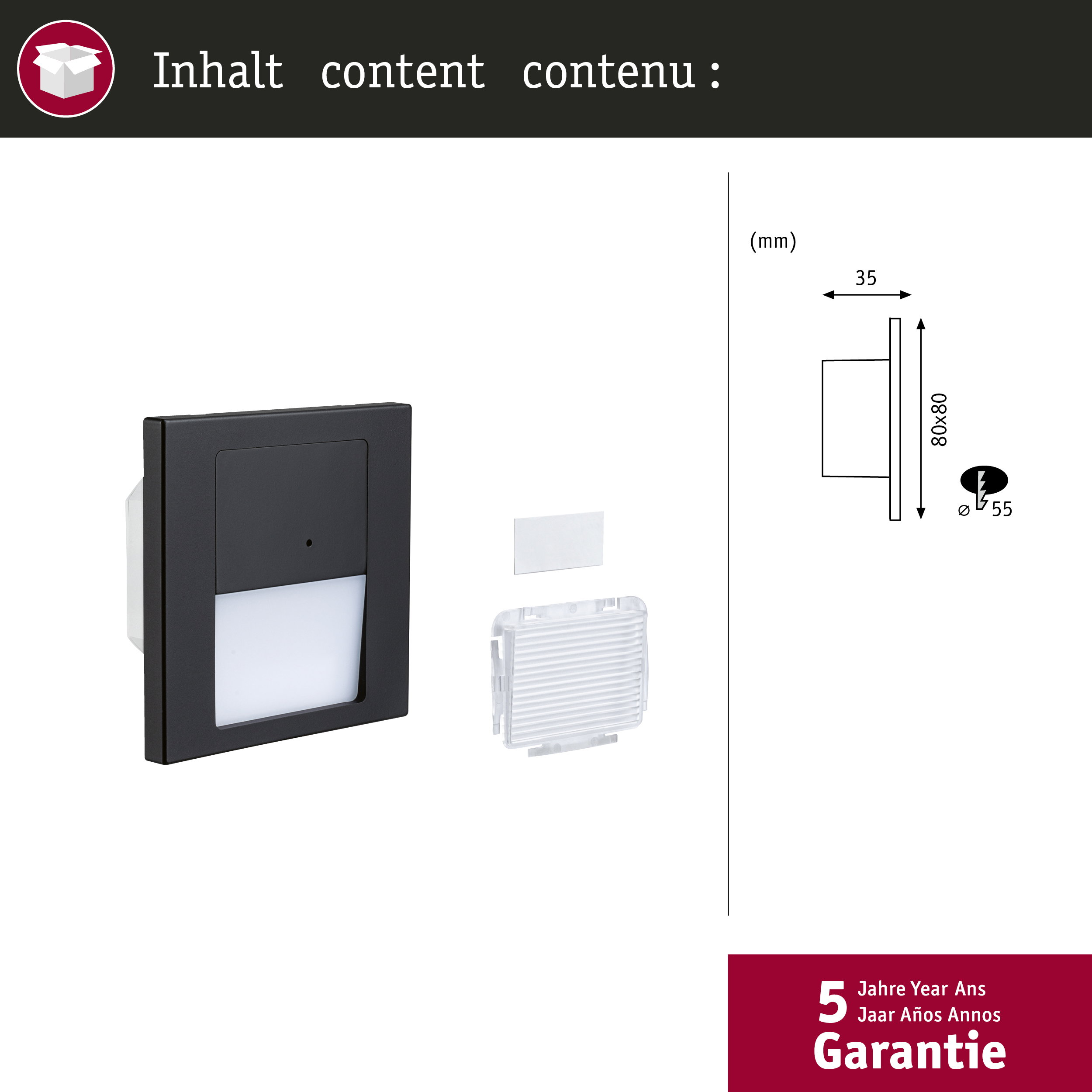 Czarna lampa z wymiarami i 5-letnią gwarancją.