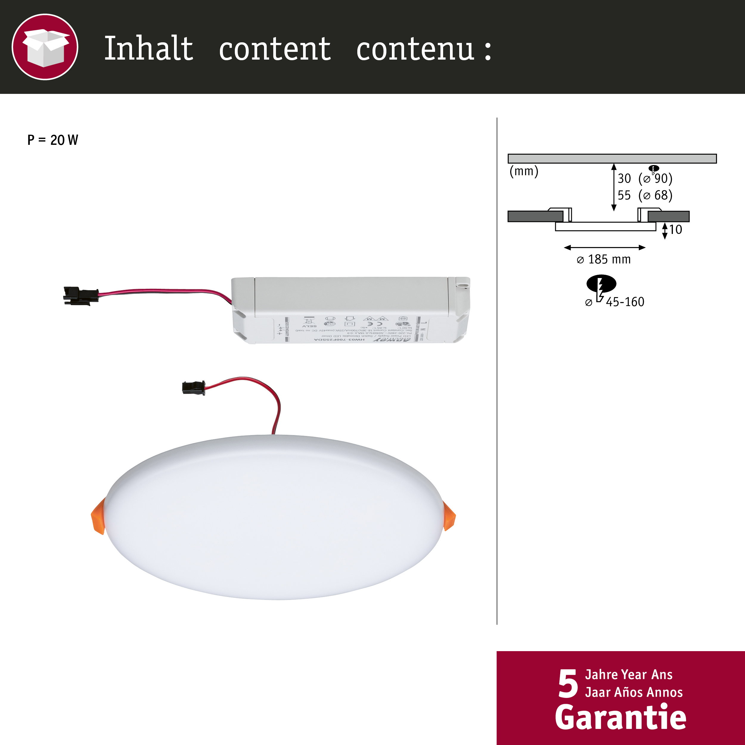 Ein weißer, ovaler LED-Treiber mit Kabel und ein Diagramm mit Maßen.