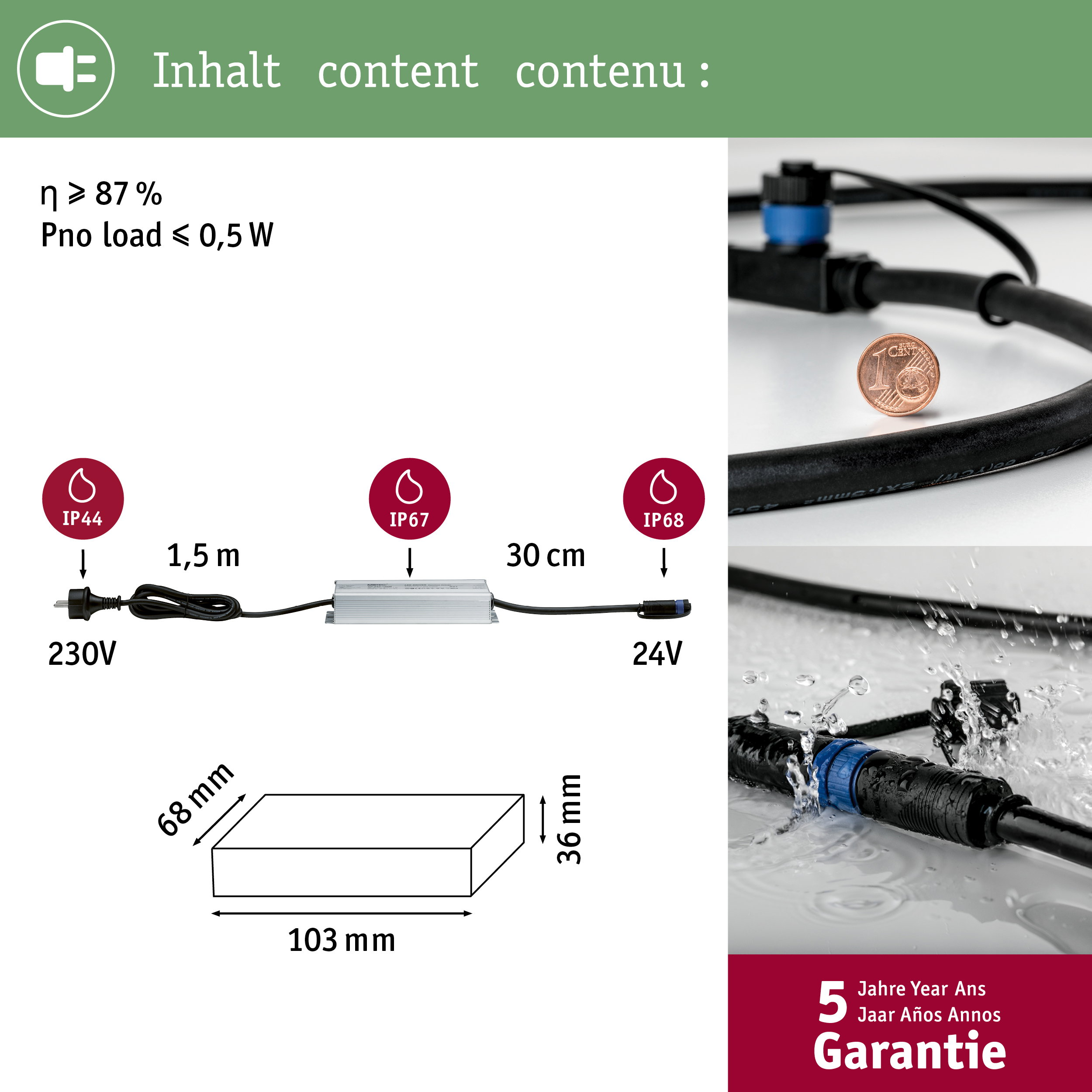 Technische Daten eines Netzteils mit IP-Schutzarten und Größenangaben.