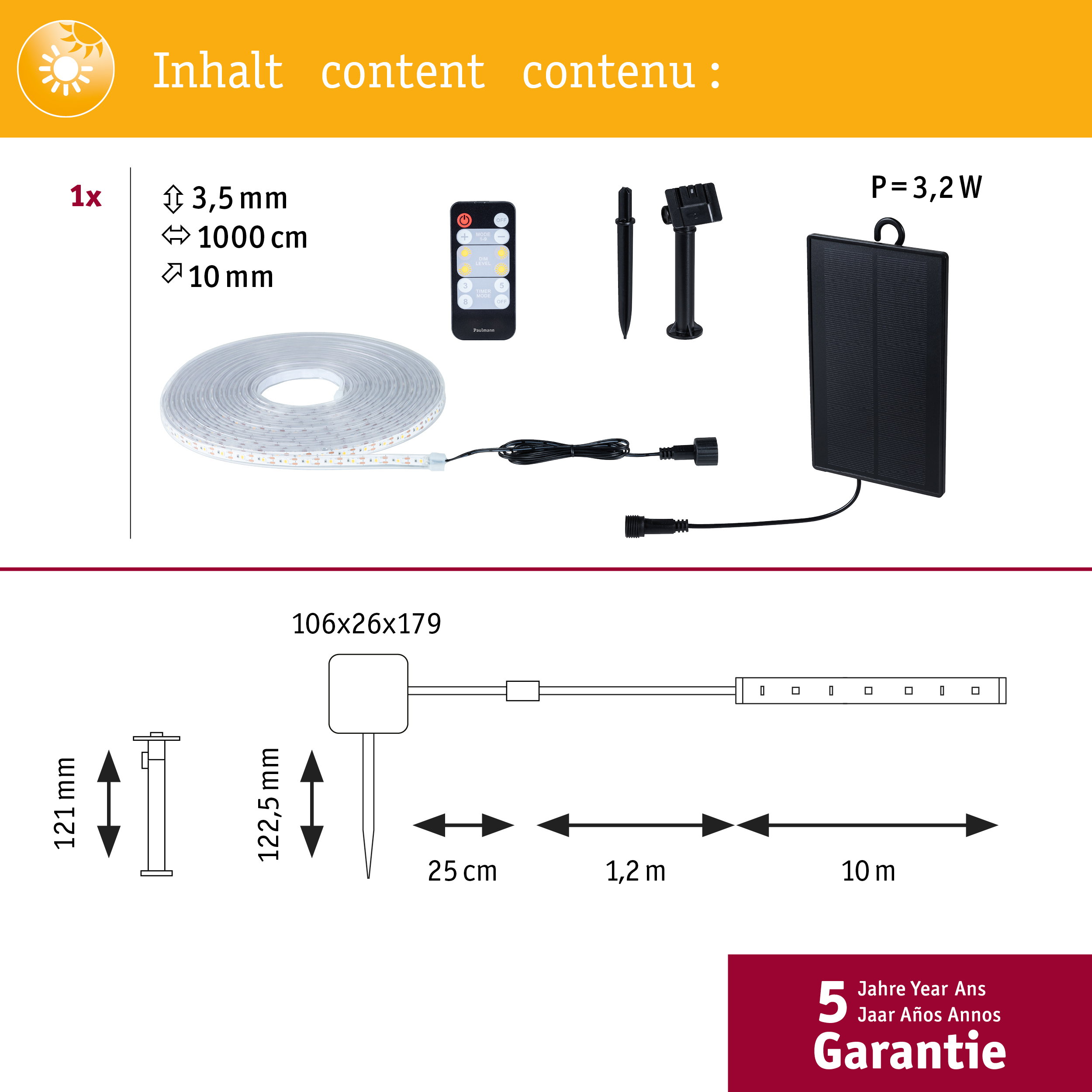 LED-Lichtstreifen mit Solarpanel, Fernbedienung und Erdspieß. Maße angegeben.