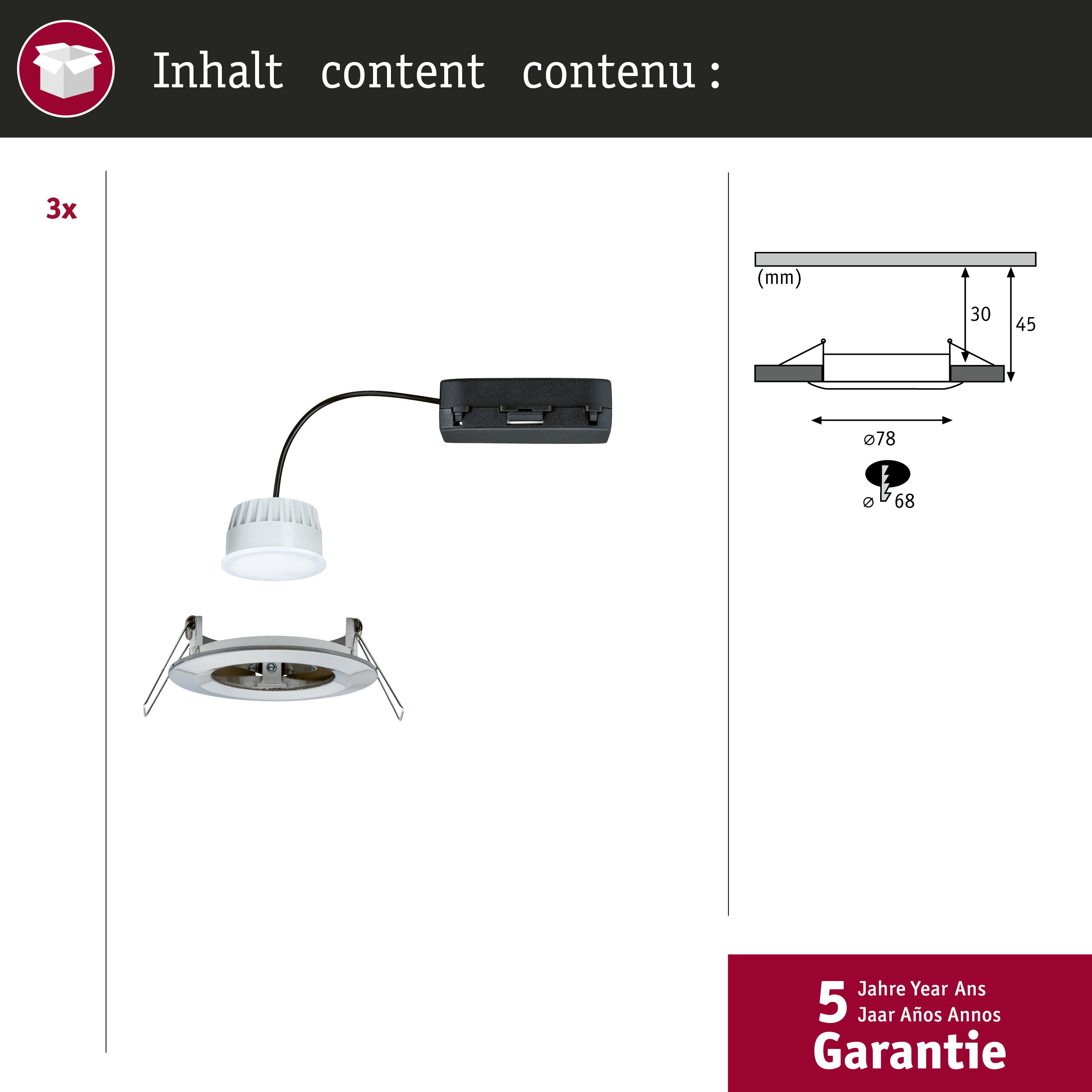 Lampa wpuszczana z driverem i instrukcją montażu, wymiary: 78mm, 30/45mm.