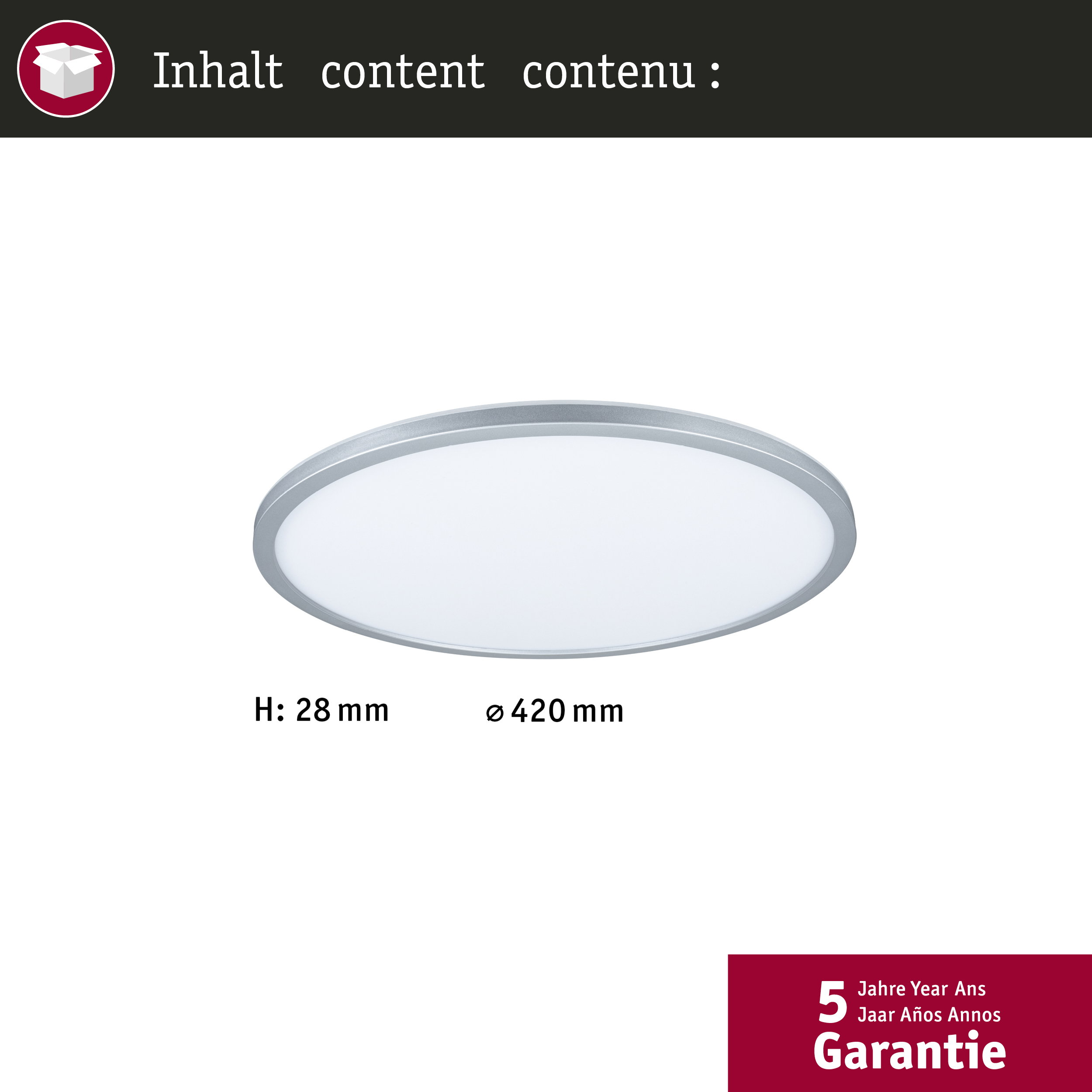 Una lampada da soffitto rotonda e piatta in metallo con vetro, misura H: 28mm, Ø: 420mm.