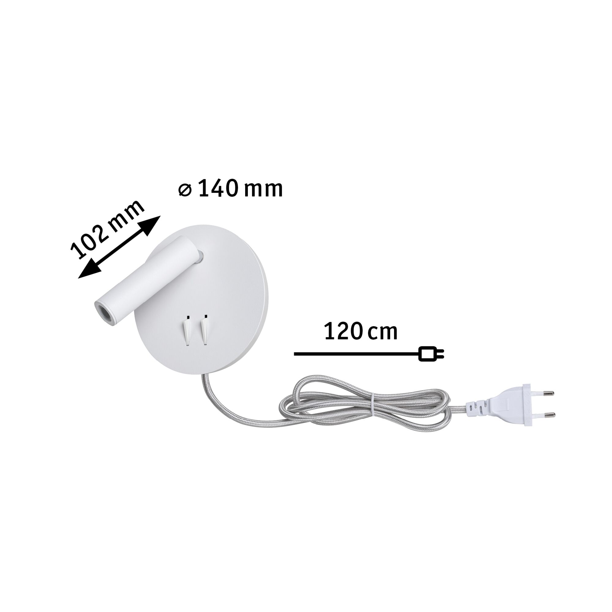 Biała lampa o średnicy 140mm, głębokości 102mm, kablu 120cm.