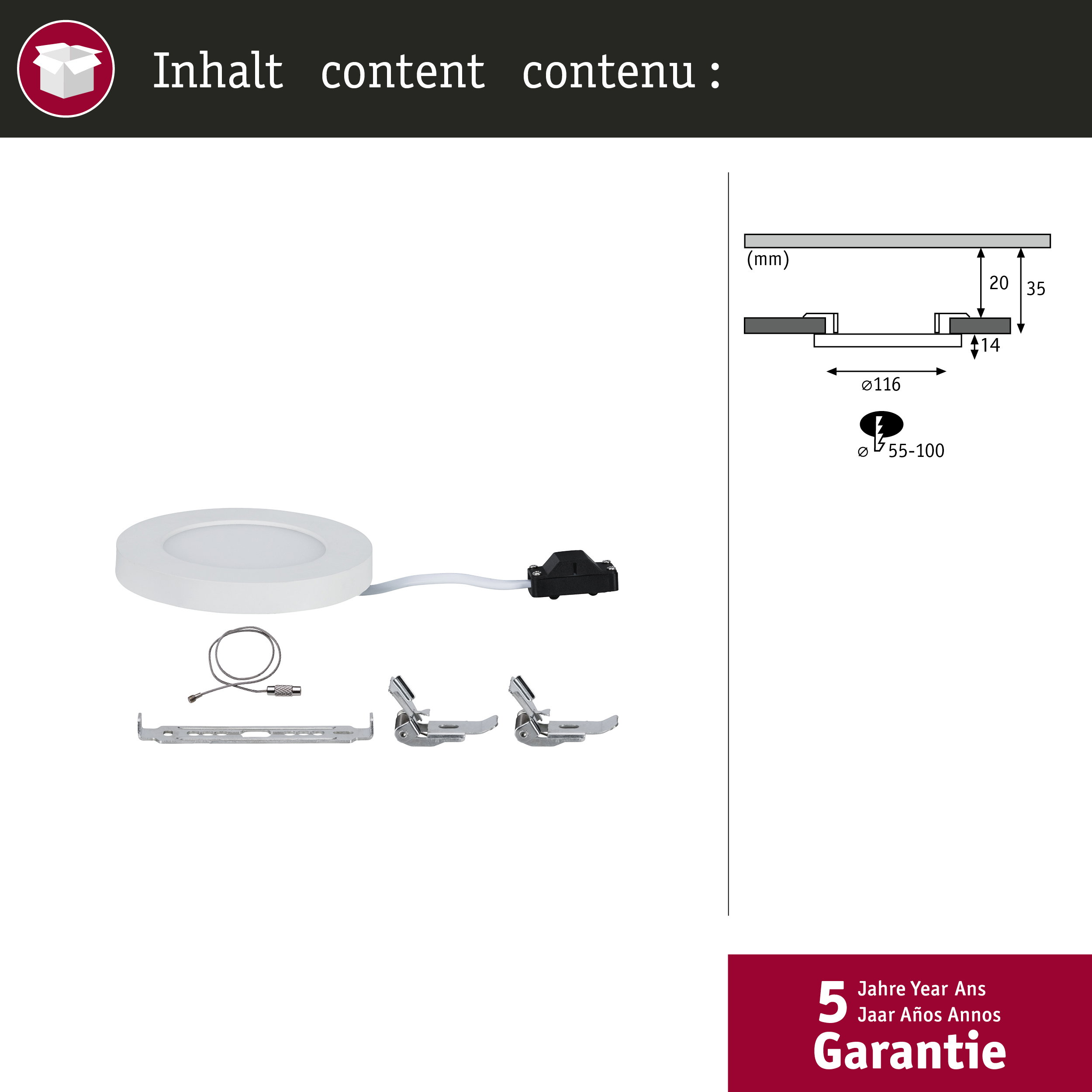 Plafoniera da incasso con accessori e schema di montaggio. 5 anni garanzia.