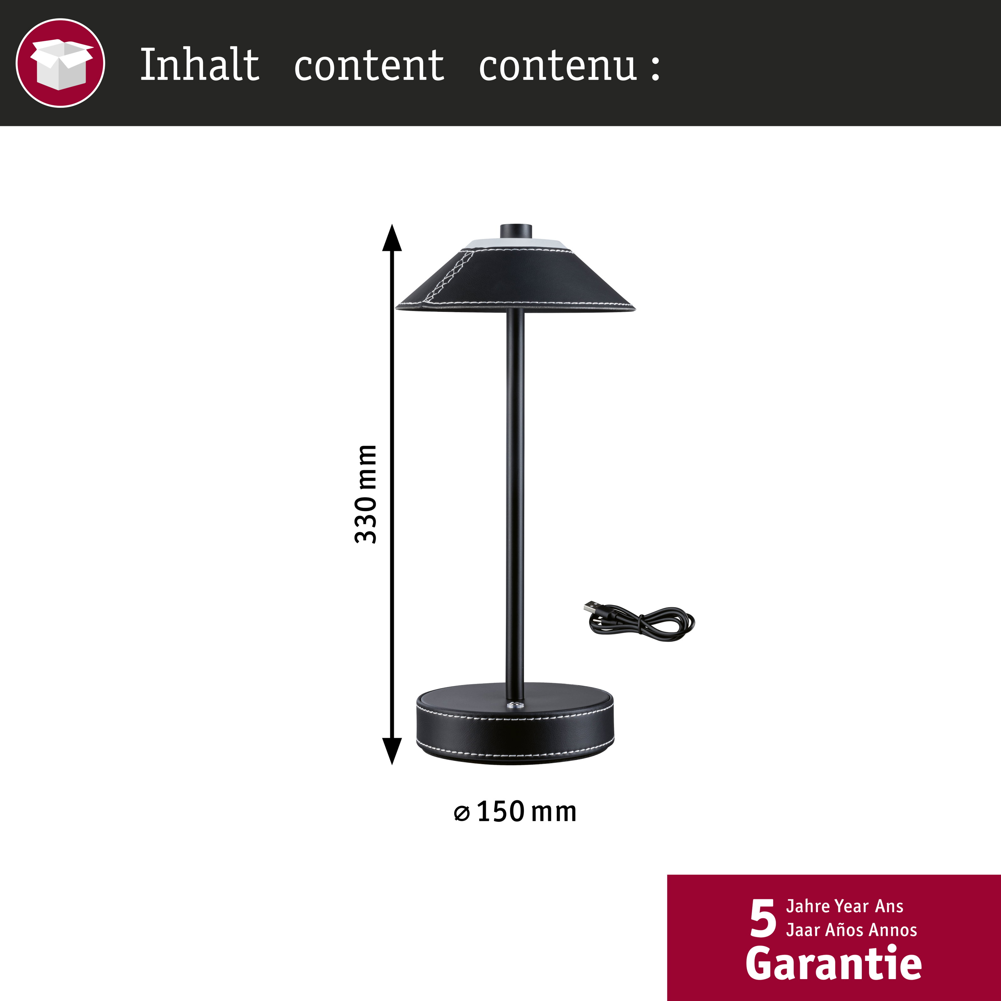 Czarna lampa stołowa imitacja skóry, 330mm wysoka, 150mm średnicy.