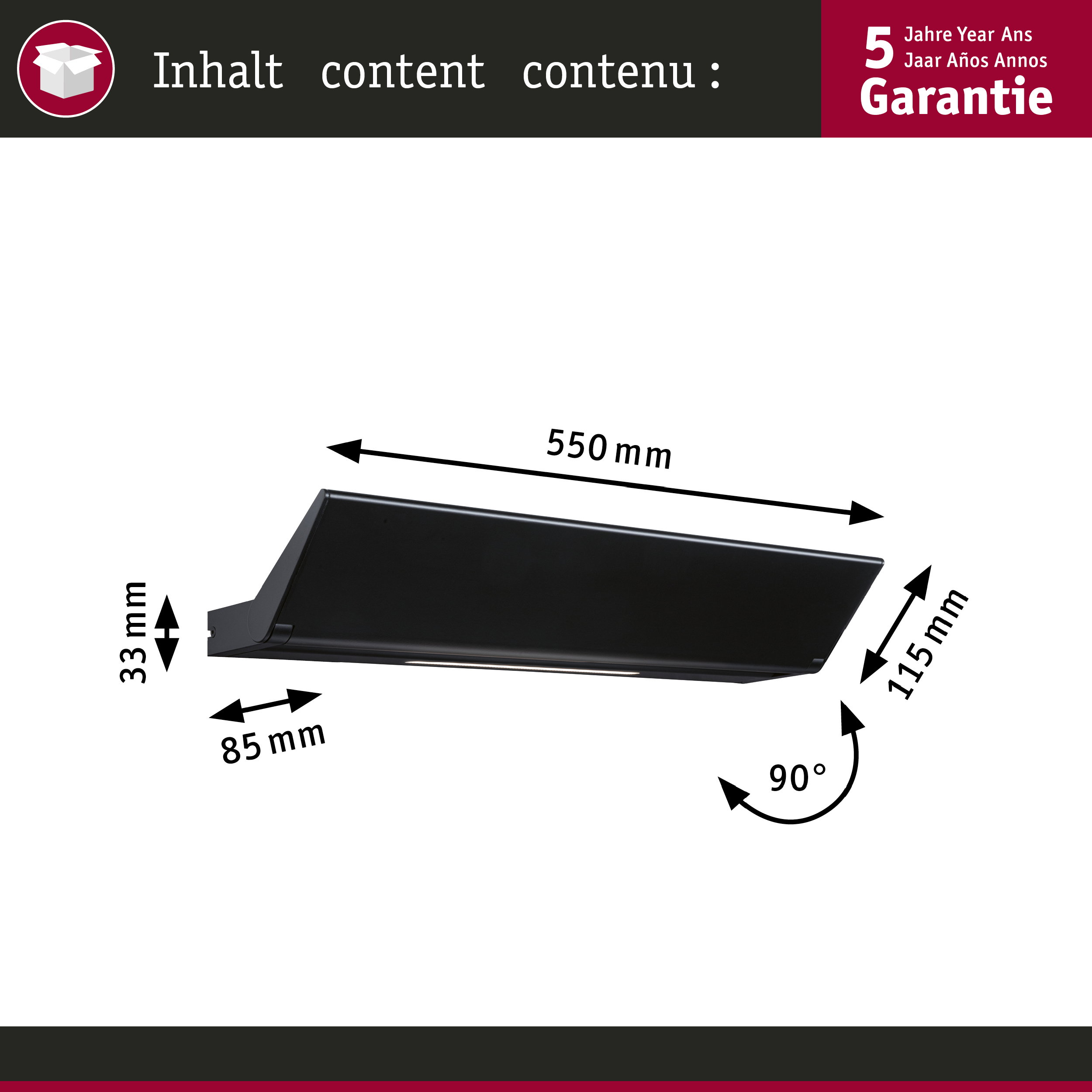 Schwarzes Gerät mit Maßen: 550 mm L, 33 mm H, 85 mm T, 115 mm B.