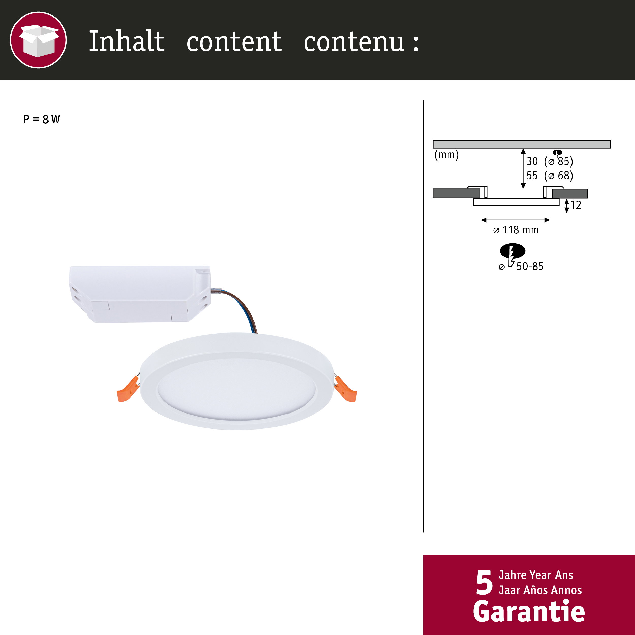 Ein weißer LED-Einbaustrahler mit Treiber und technischen Maßen.