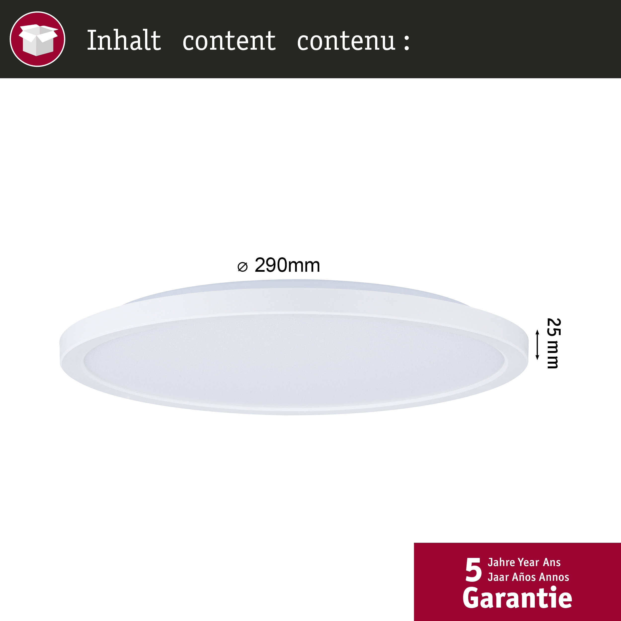 Weiße Deckenleuchte, 290mm Durchmesser, 25mm Dicke. 5 Jahre Garantie.