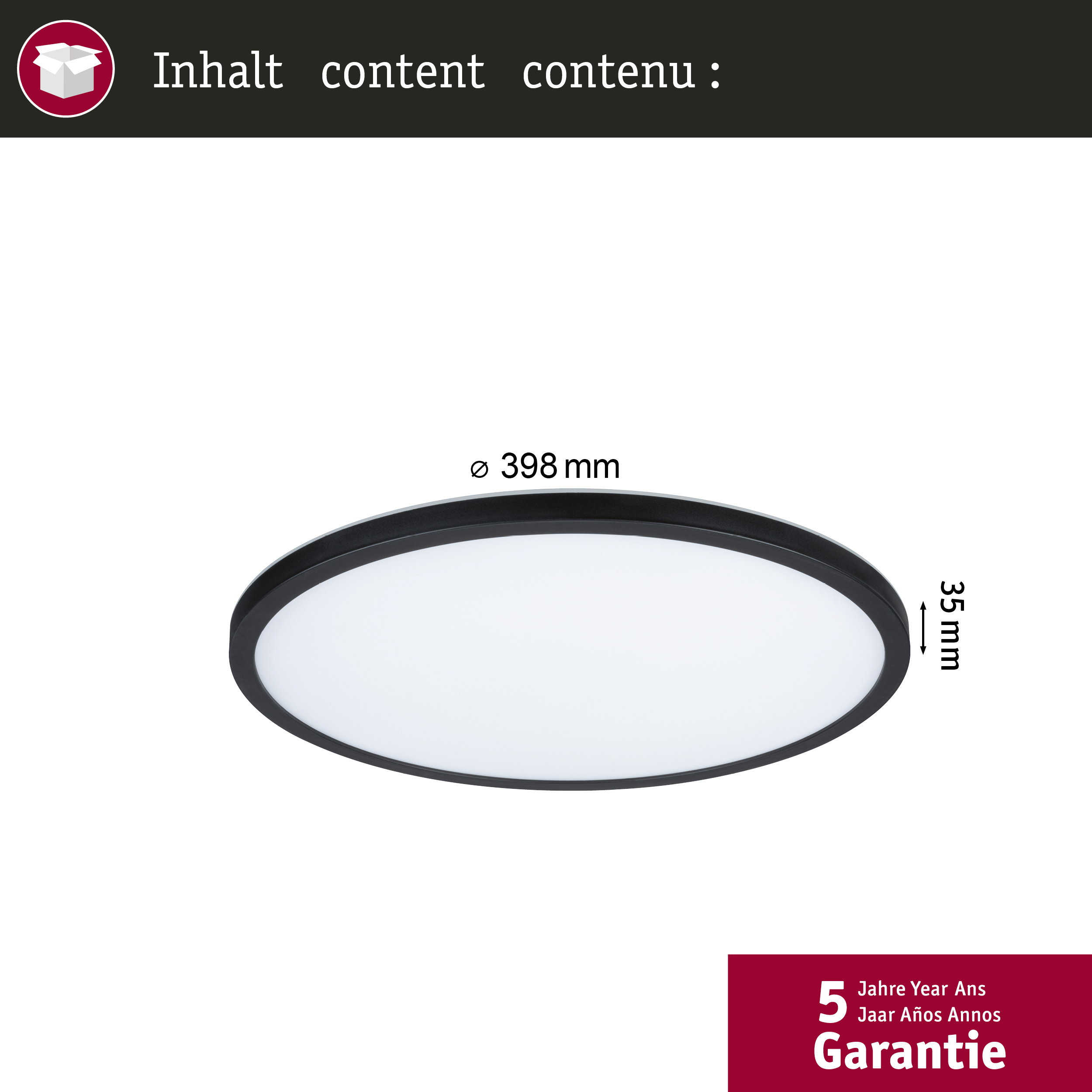 Runde Lampe, Durchmesser 398 mm, Höhe 35 mm, mit 5 Jahren Garantie.