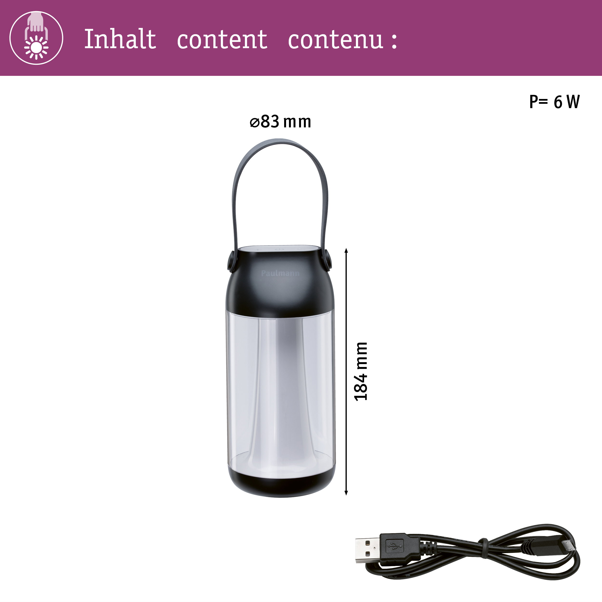 Lanterna nera con manico e cavo USB. Dimensioni: 83x184 mm, 6 W.