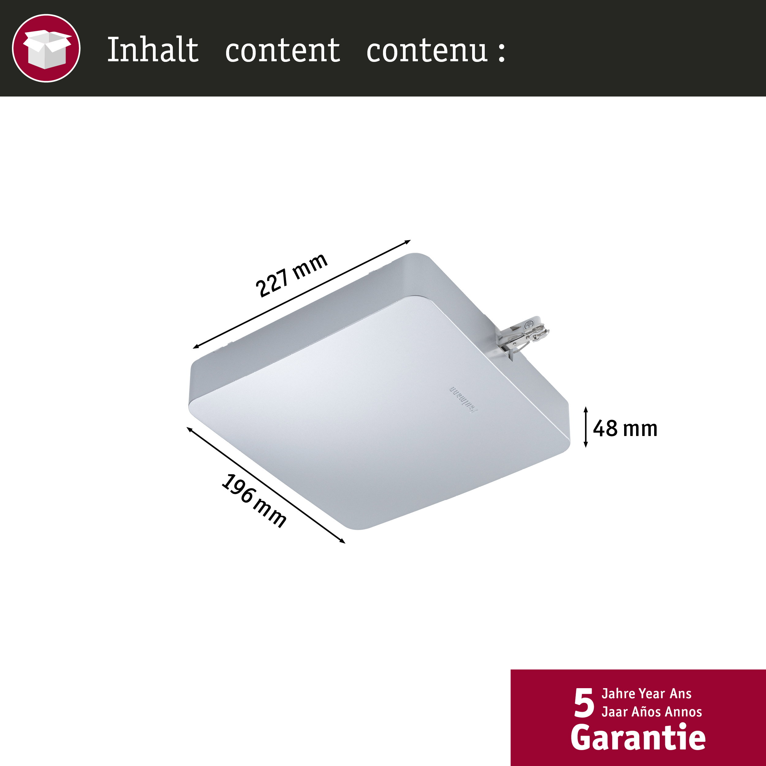 Ein silbernes Produkt mit Maßen 227x196x48 mm und 5 Jahre Garantie.