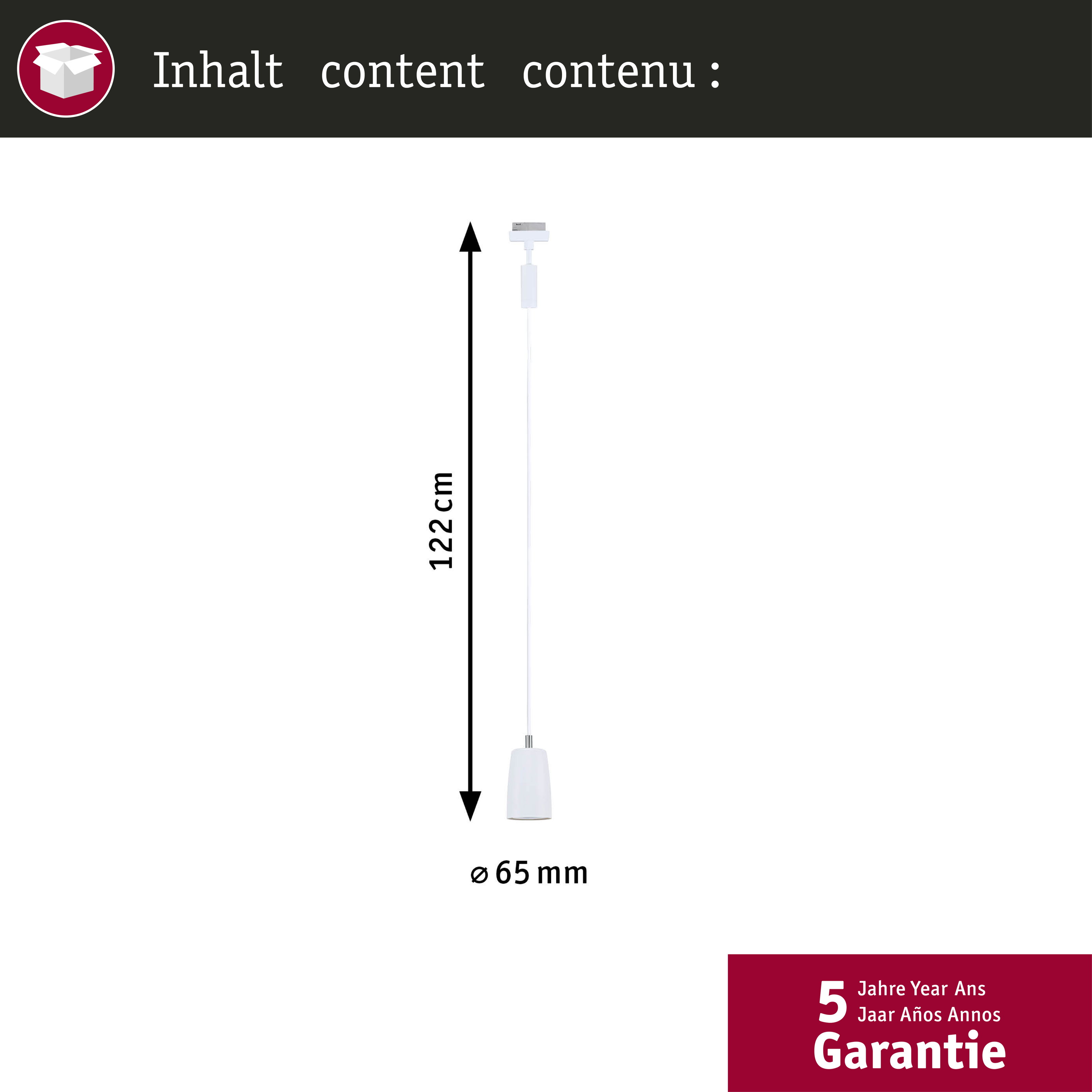 Biały kabel lampy wiszącej, długość 122 cm, średnica 65 mm.