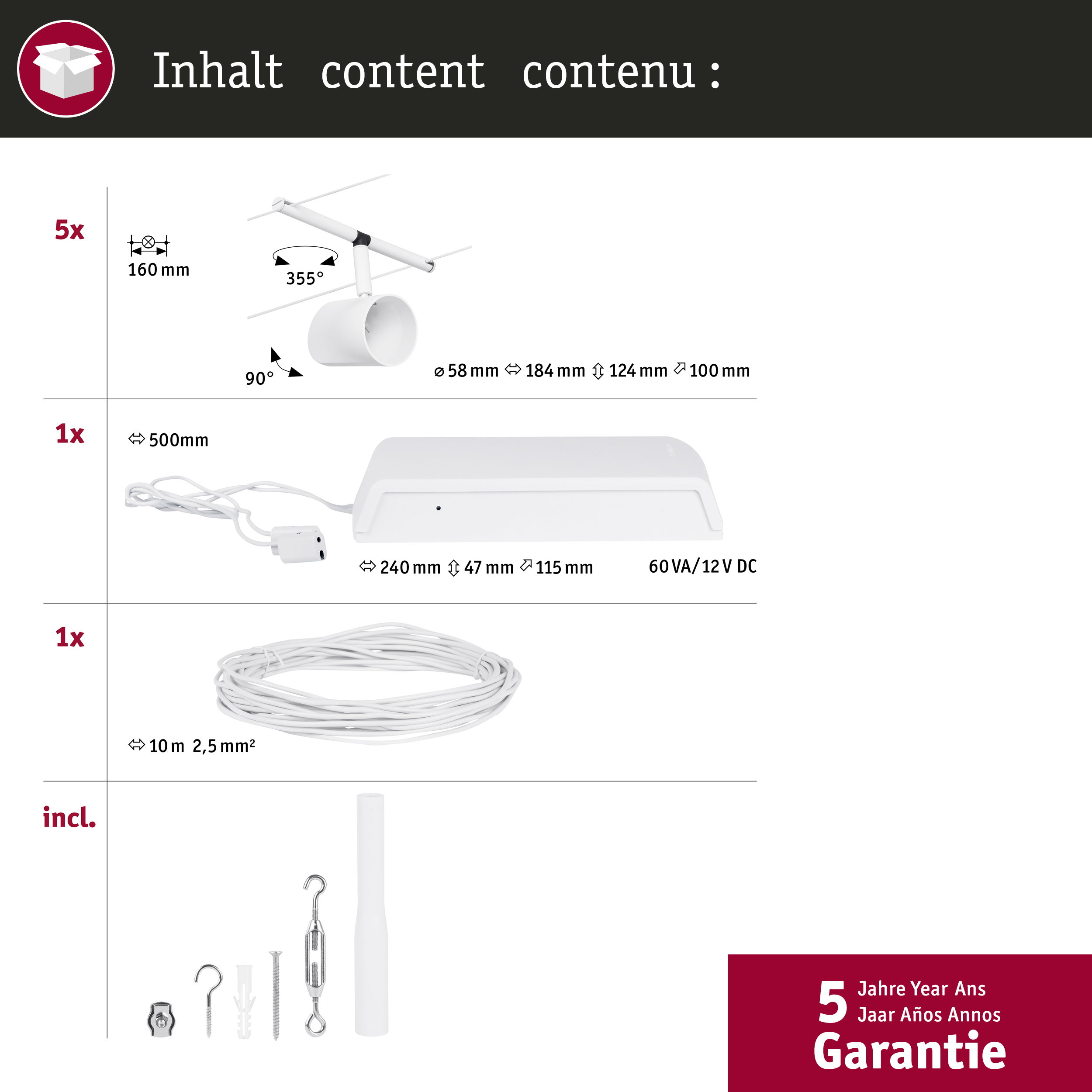Packliste: 5x Leuchte, 1x Netzteil, 1x Kabel, Zubehör. Maße u.a. 160mm, 500mm.
