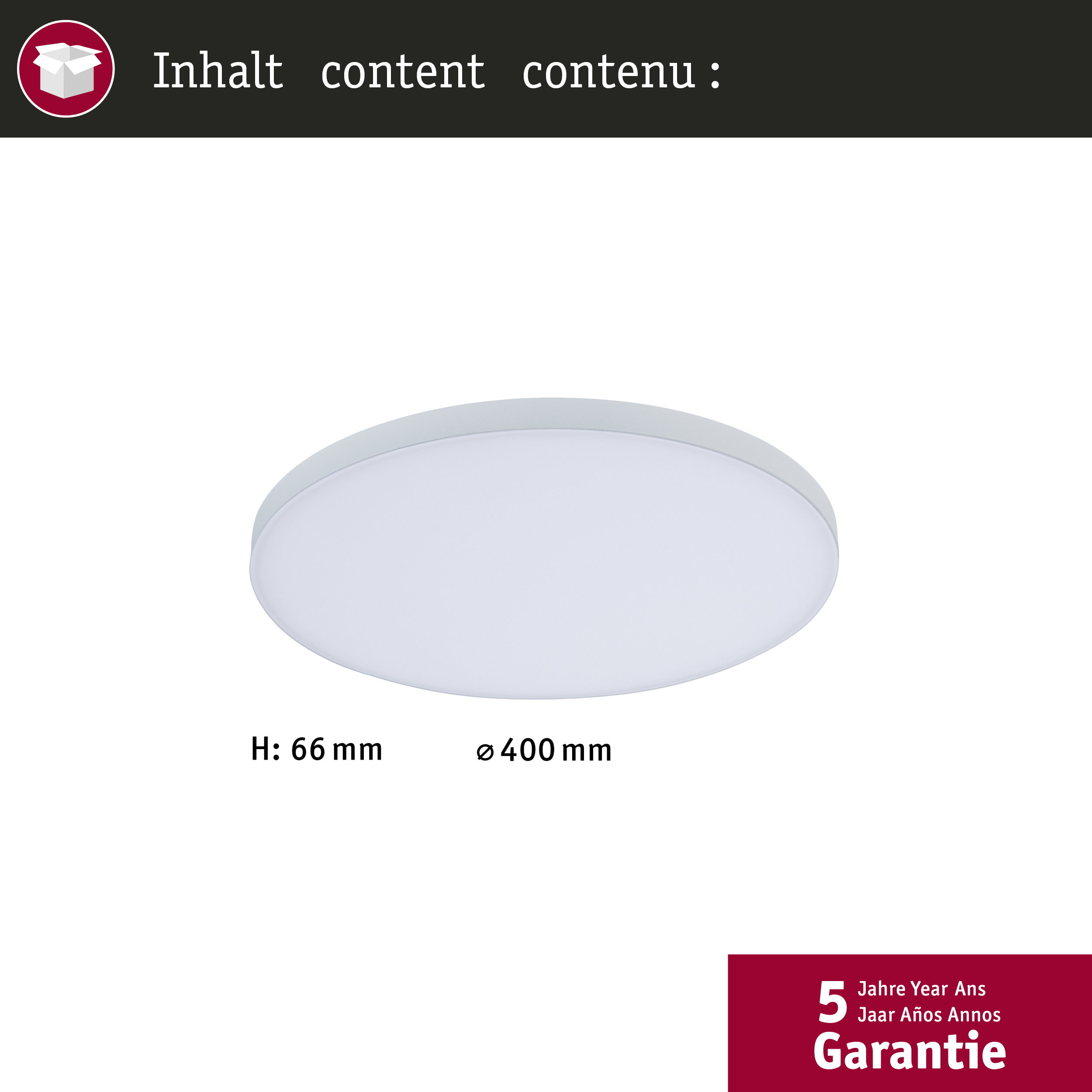 Una plafoniera bianca di 400mm di diametro e 66mm di altezza.