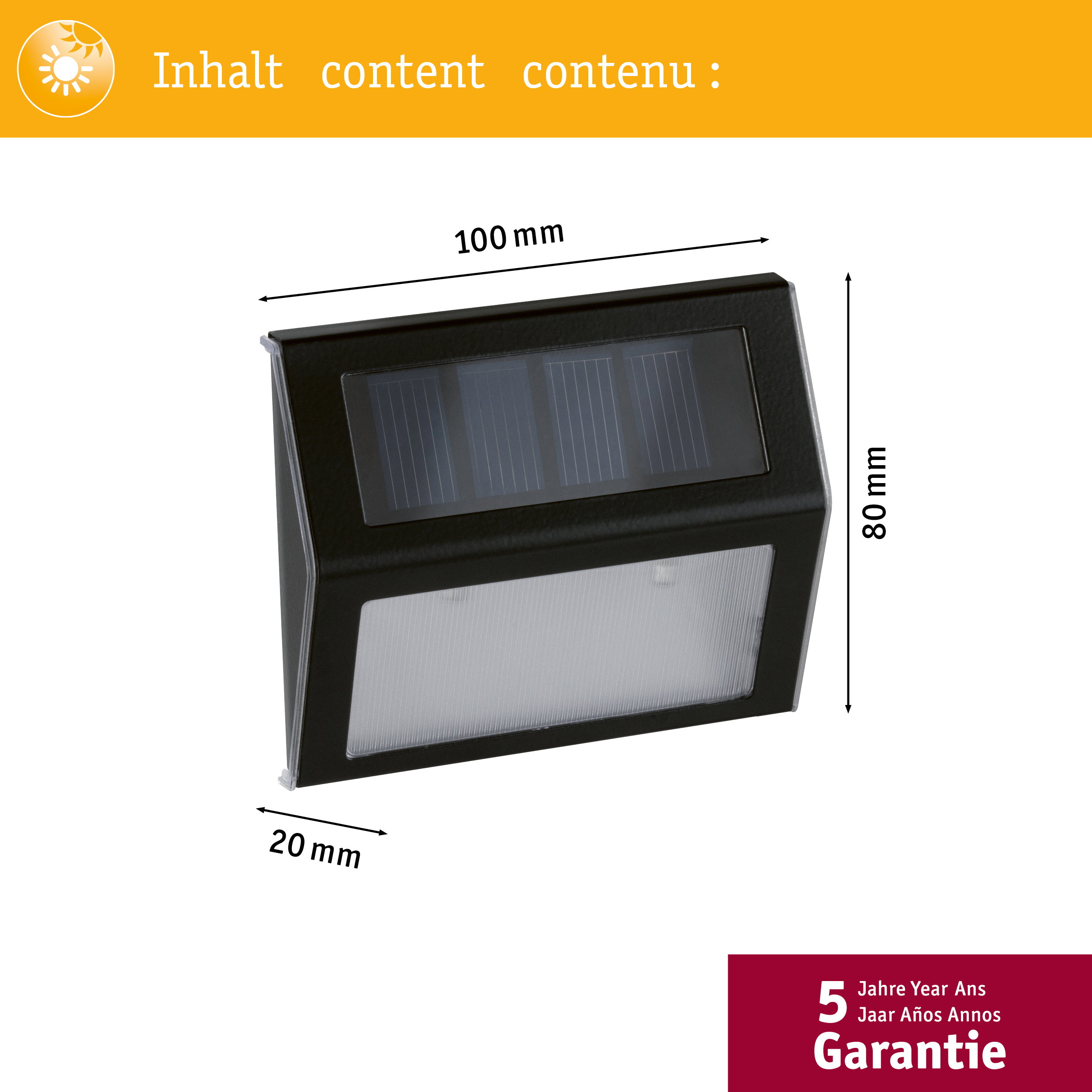 Lampada solare nera con dimensioni 100x80x20mm e garanzia 5 anni.
