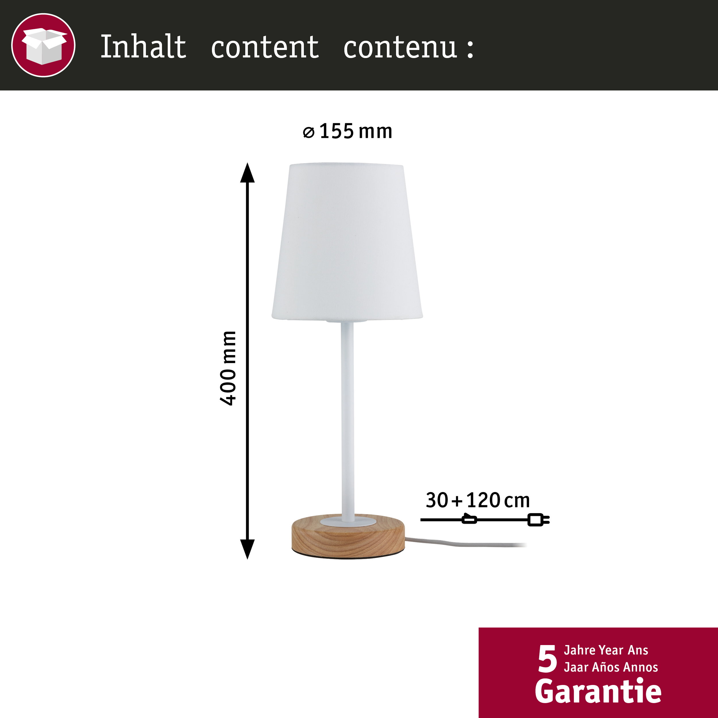 Weiße Tischlampe mit Holzsockel, 400 mm hoch, 155 mm Durchmesser.