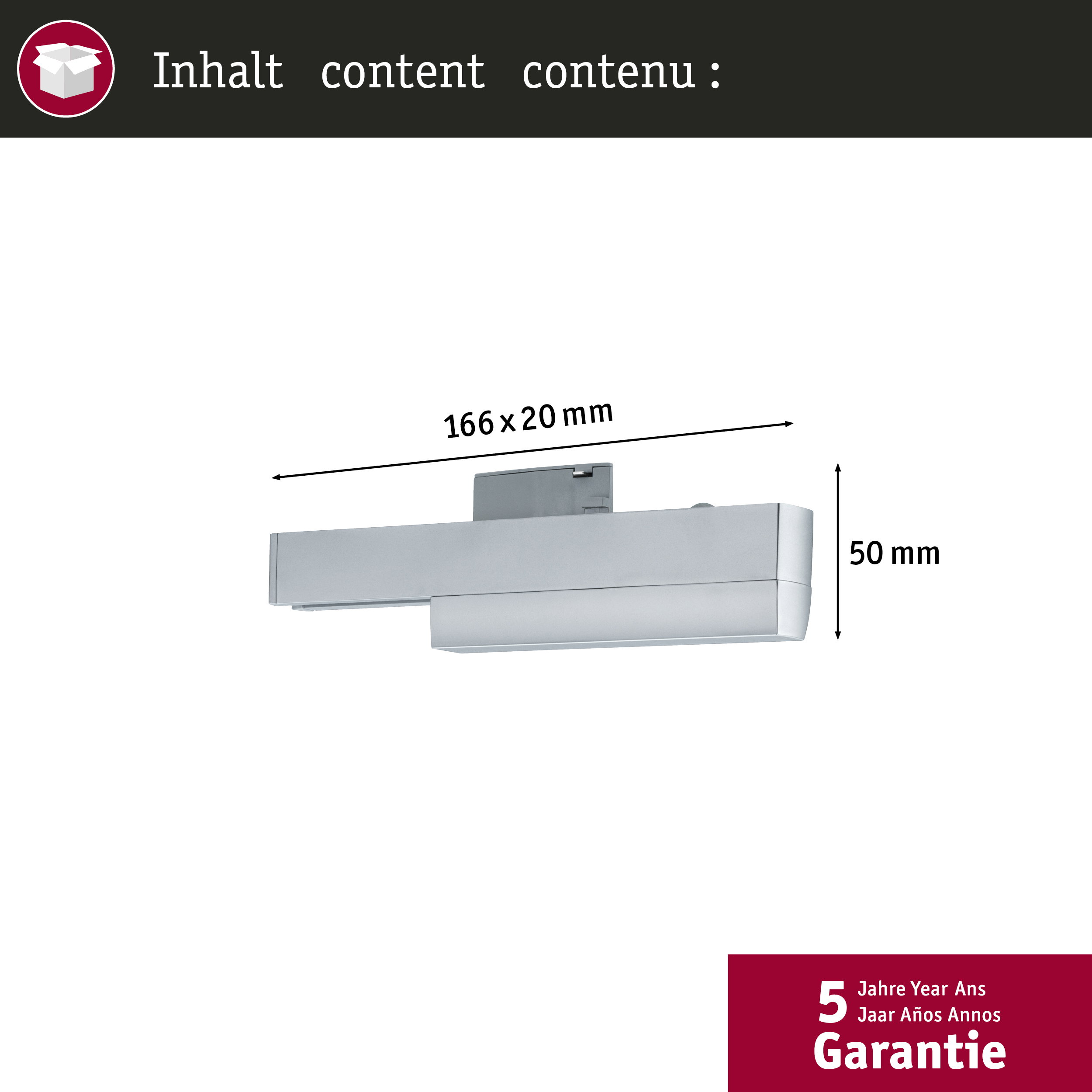 Silberne Leuchte, 166x20mm, 50mm hoch, mit 5 Jahre Garantie.