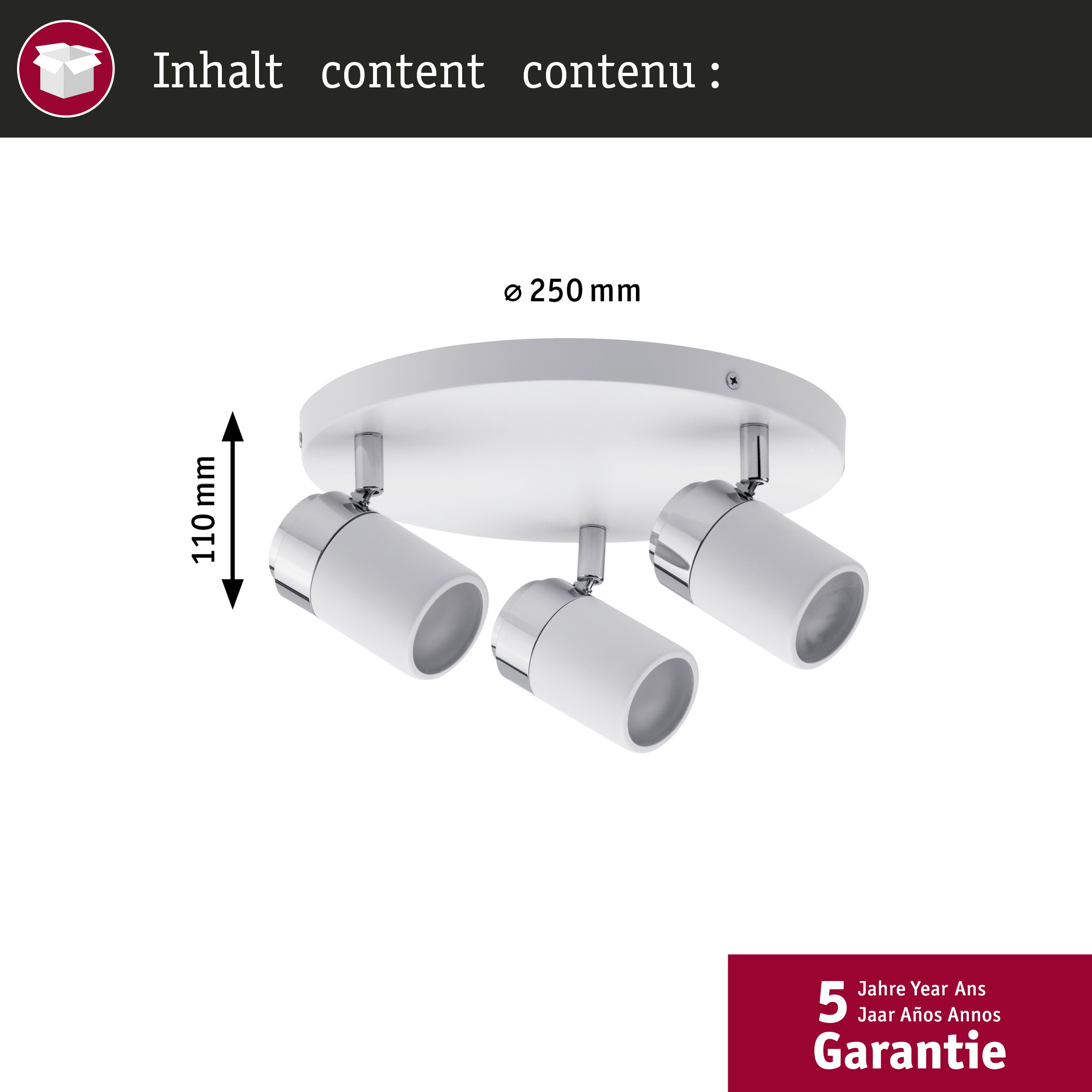 Una plafoniera bianca con tre faretti orientabili, Ø 250 mm.