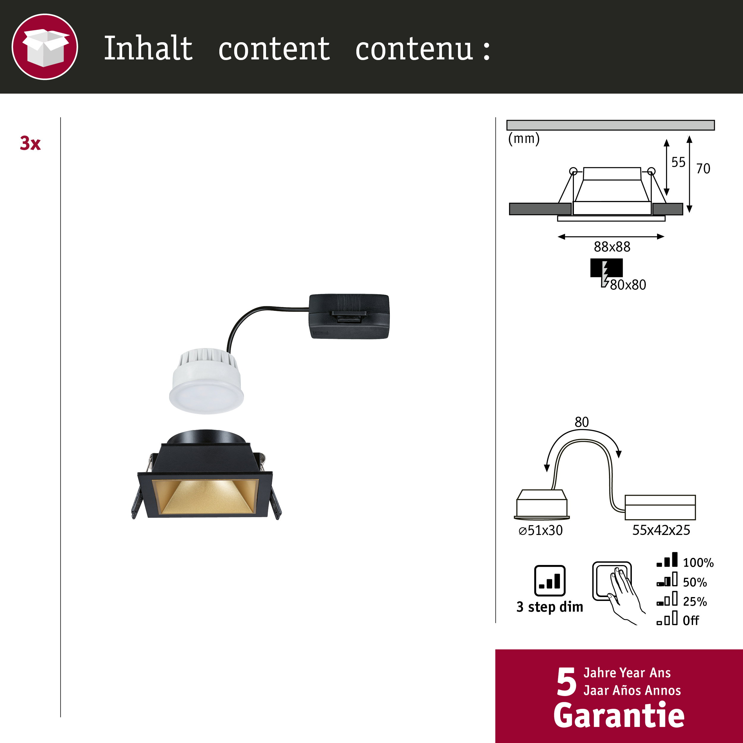 Lampa wpuszczana z 3-stopniowym ściemnianiem i gwarancją.