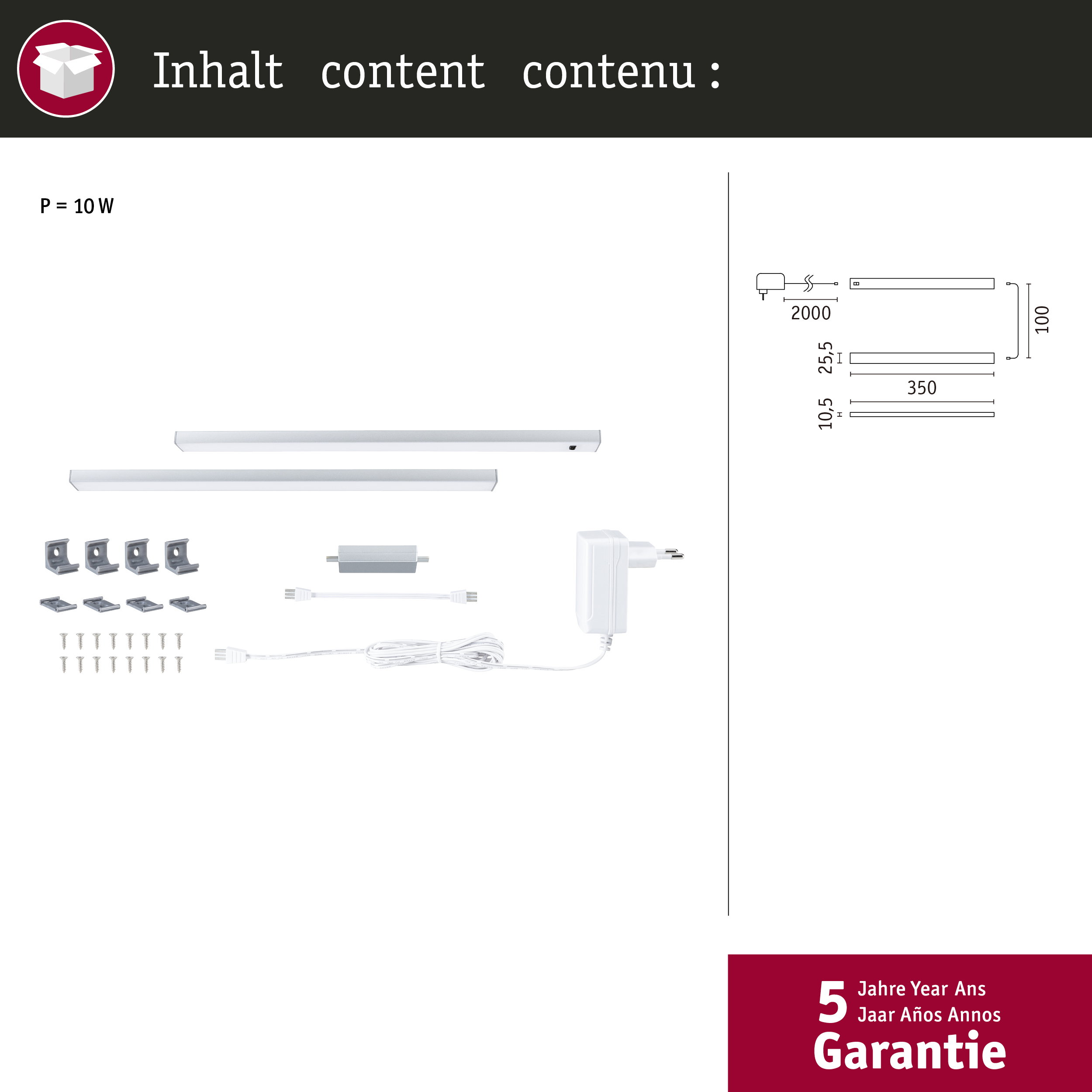 Inhalt mit LED-Leuchten, Halterungen, Schrauben, Netzteil und Kabeln.
