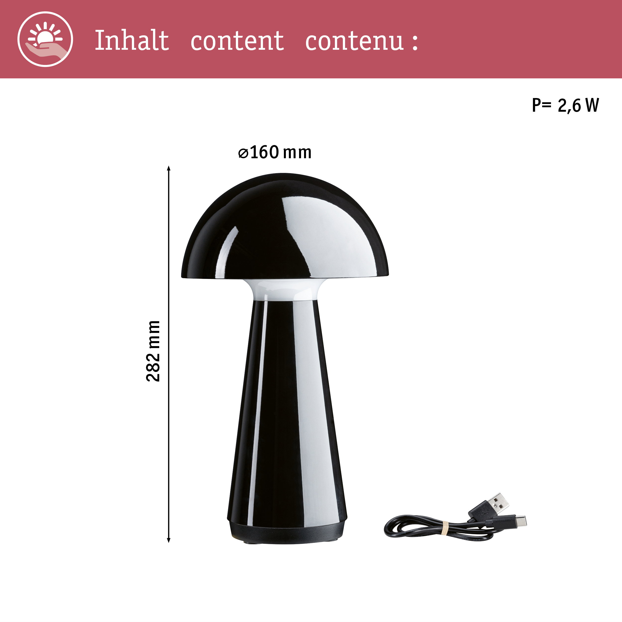 Lampada nera a fungo, alta 282 mm, diametro 160 mm, con cavo USB.