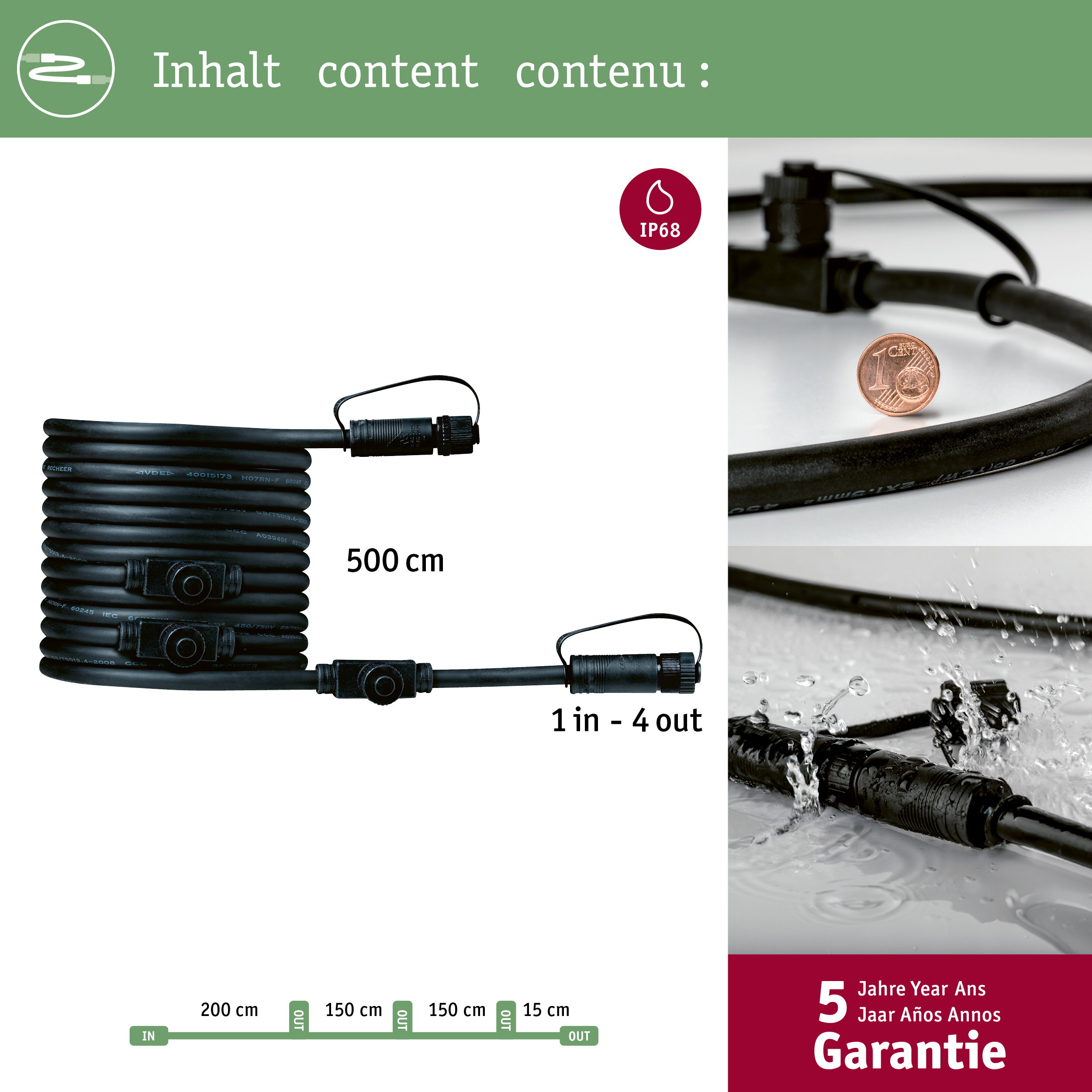Schwarzes Kabel mit 1-zu-4-Verteilern, IP68, 500 cm lang, mit Garantie.