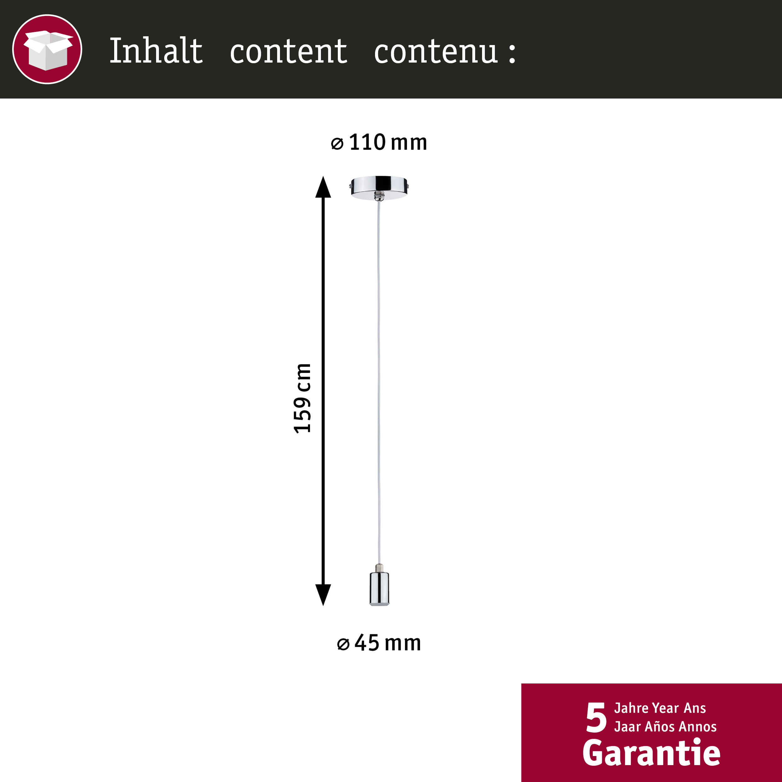 Lampa wisząca: 159 cm długa, Ø 110 mm rozeta sufitowa, Ø 45 mm lampa.