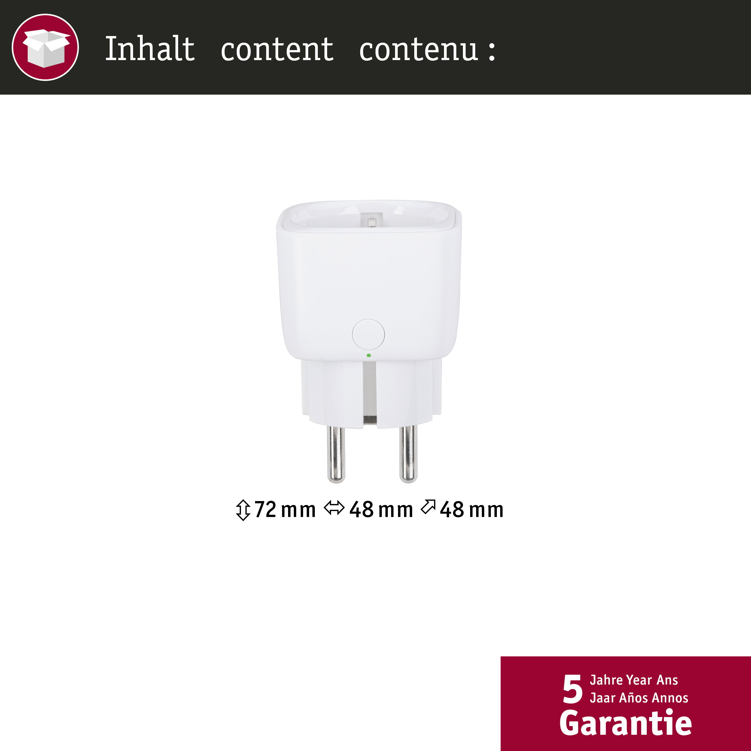 Ein weißer Stecker mit einem grünen Licht, Maße 72x48x48mm.