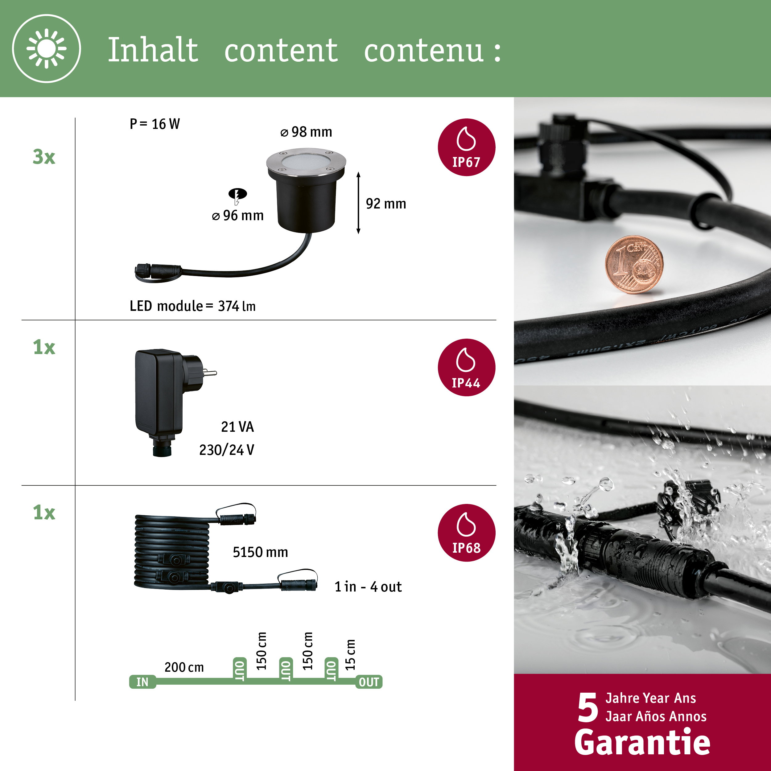 Inhalt: 3x 16W LED-Leuchte, 1x Netzteil, 1x Kabel. Mit Münze als Größenvergleich.