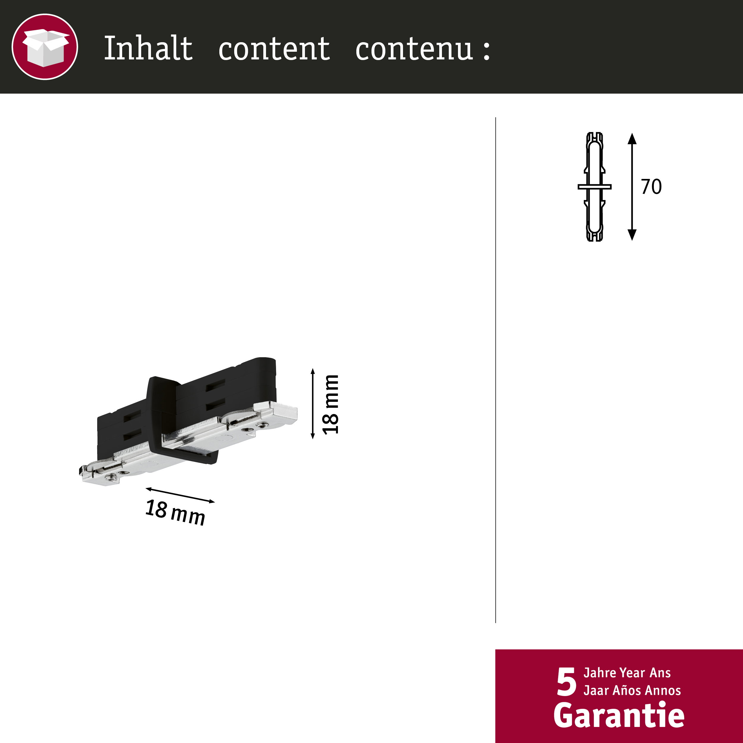 Zwei schwarze Beschläge mit Maßen von 18 mm und 70 mm. Fünf Jahre Garantie.
