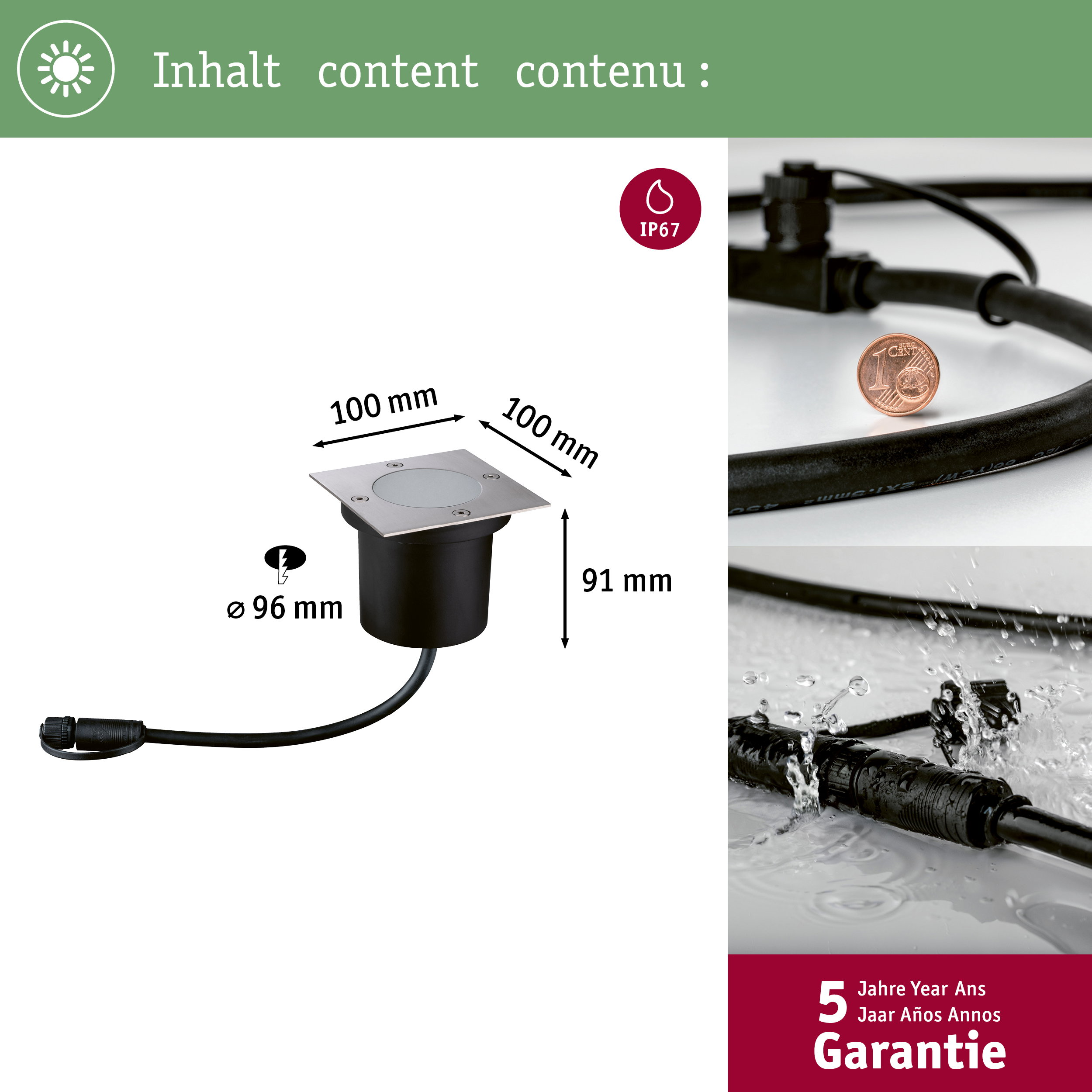 Dimensioni di un faretto da incasso IP67 con cavo e moneta da 1 centesimo.