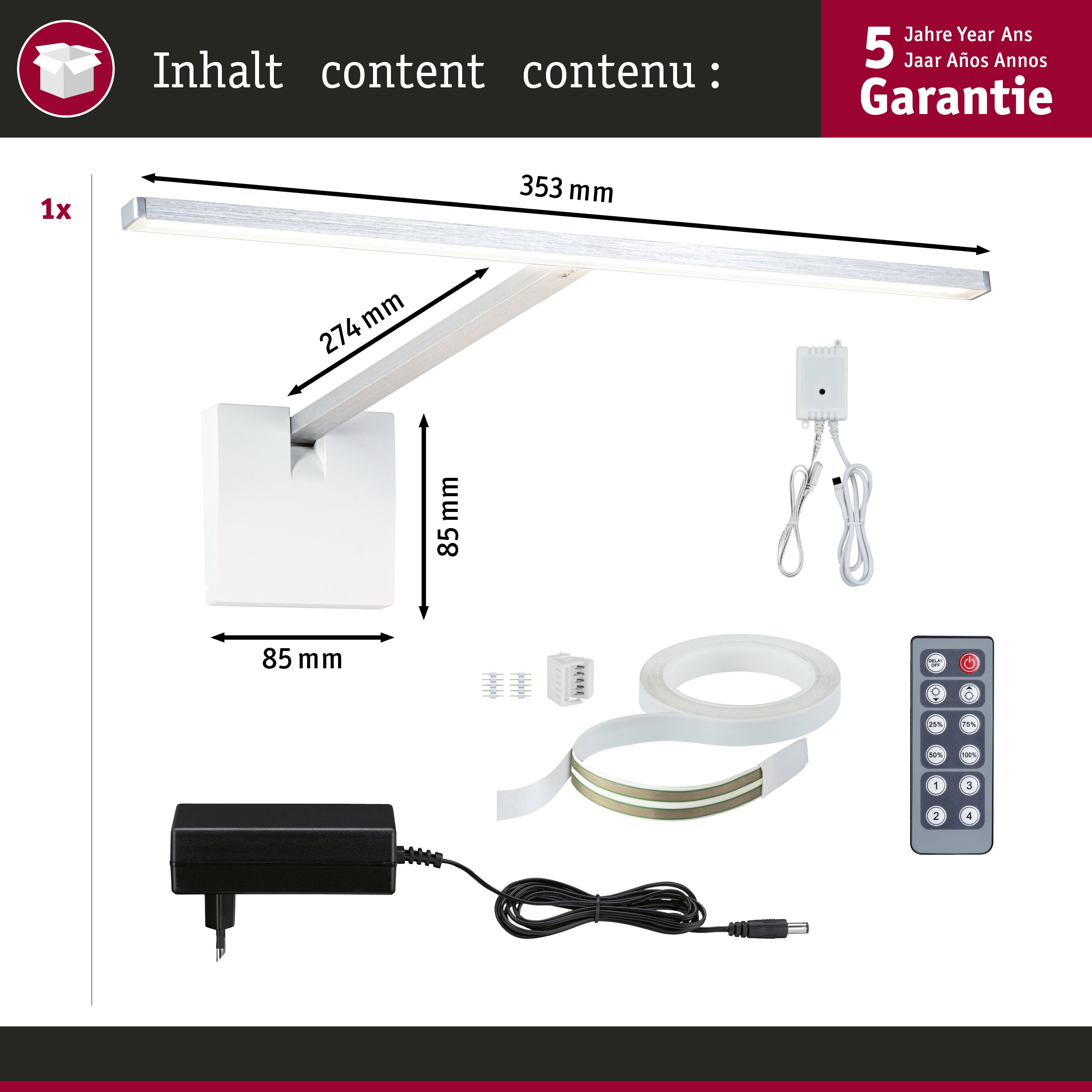 Lampa biurkowa LED z zasilaczem, pilotem i taśmą klejącą.