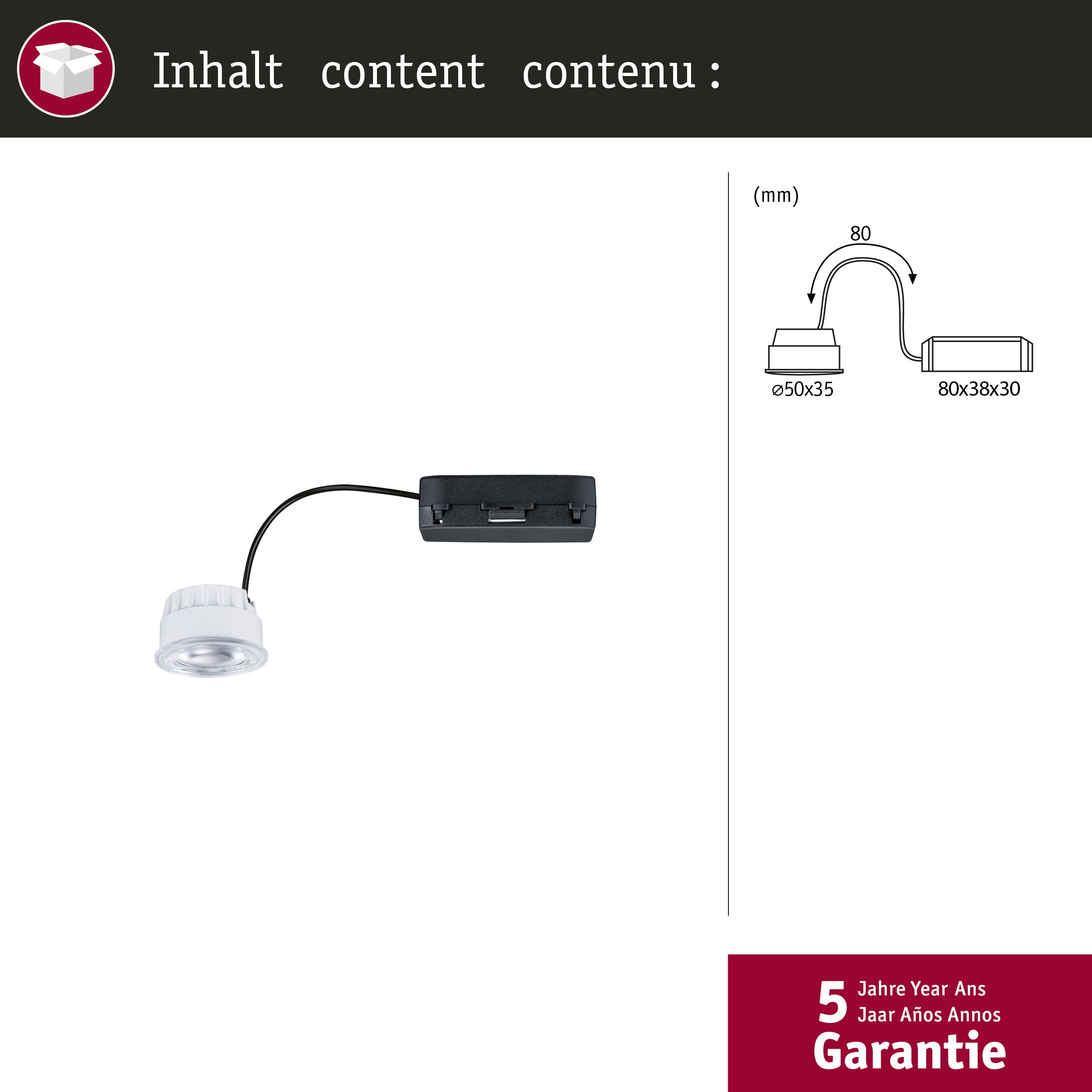 Einbauleuchte mit Netzteil und Maßen. 5 Jahre Garantie.