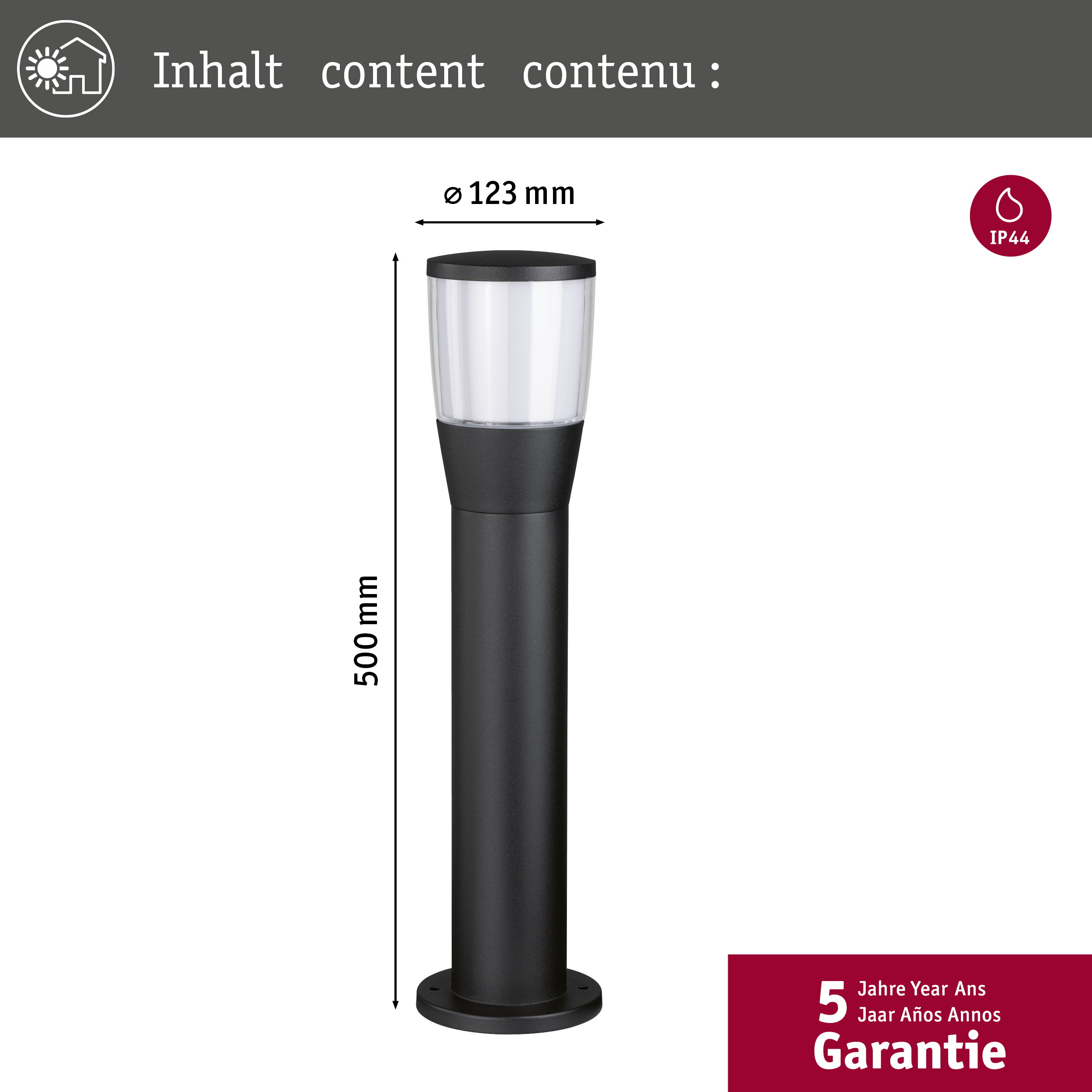 Schwarzer Außenleuchter, 500mm hoch, Ø123mm, IP44, 5 Jahre Garantie.