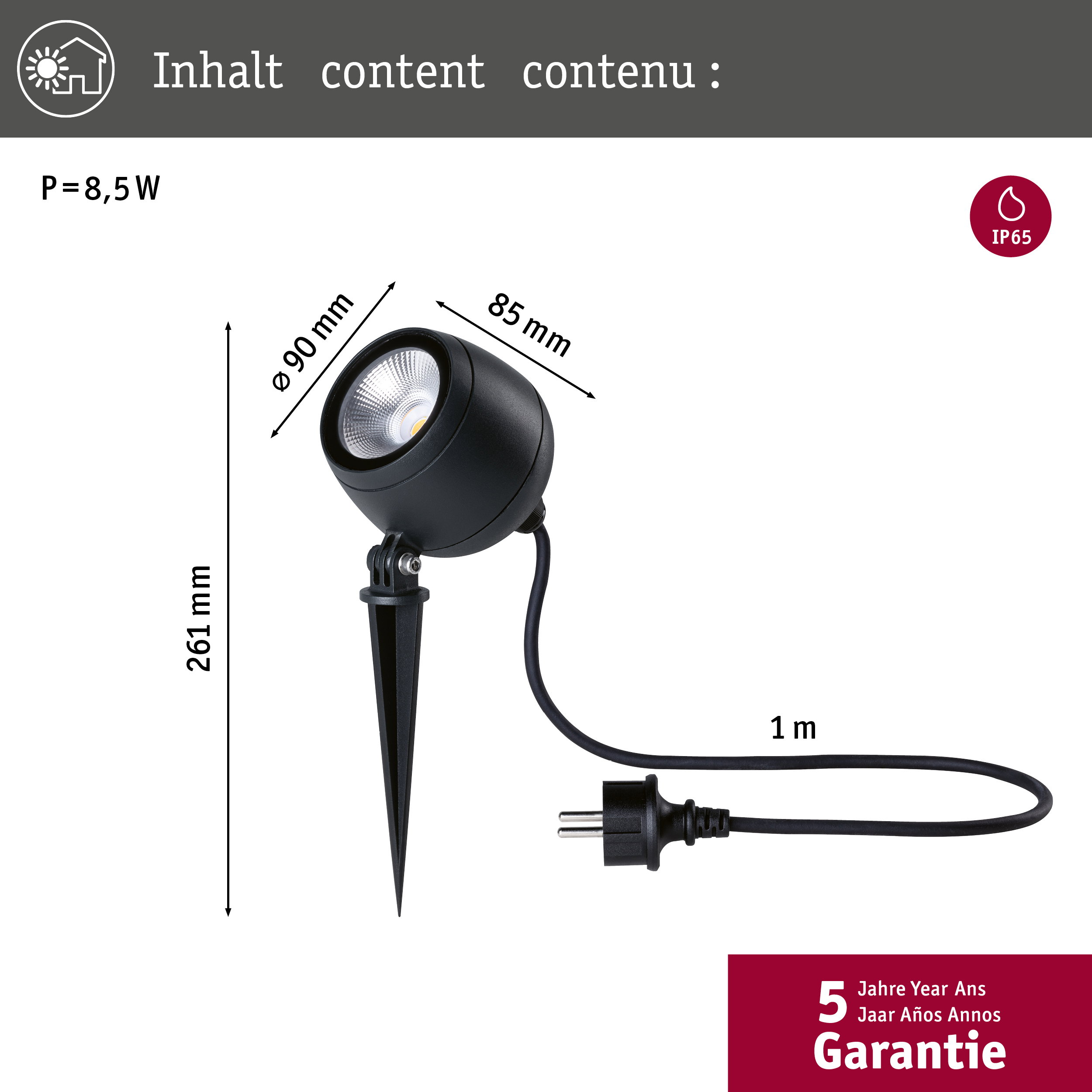 Czarny reflektor zewnętrzny: H: 261mm, Ø: 90mm, 8.5W, kabel 1m, IP65. 5 lat gwarancji.