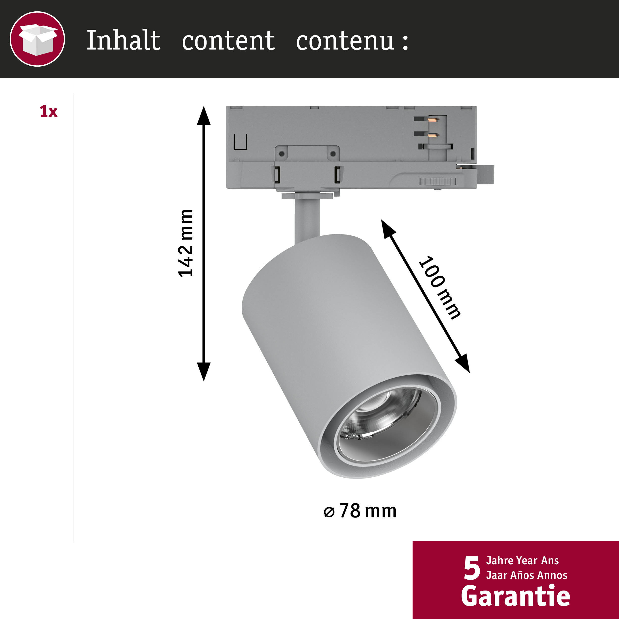 Grauer Spotstrahler mit Maßen 142mm Höhe, 100mm Länge, 78mm Durchmesser. 5 Jahre Garantie.
