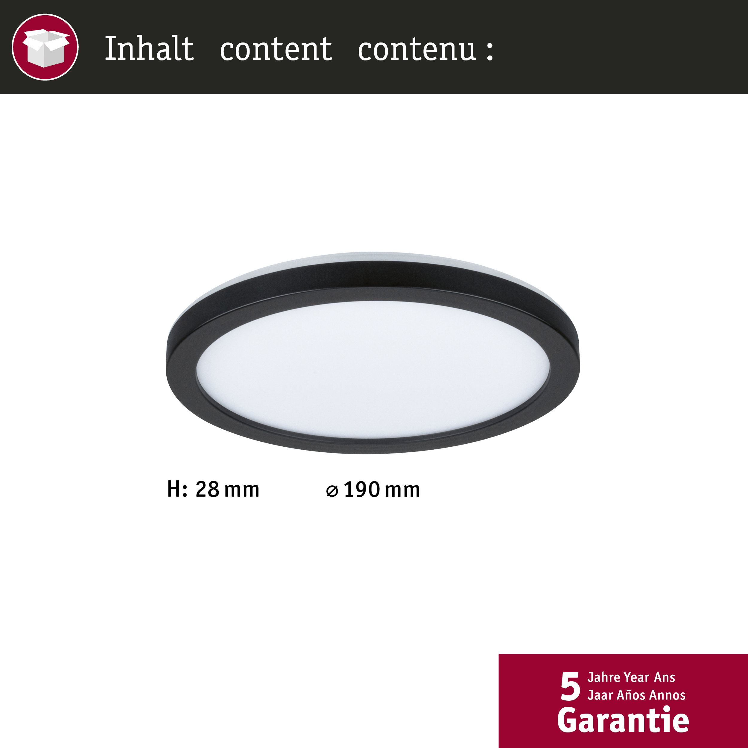 Plafoniera rotonda con cornice nera, altezza 28mm, diametro 190mm.