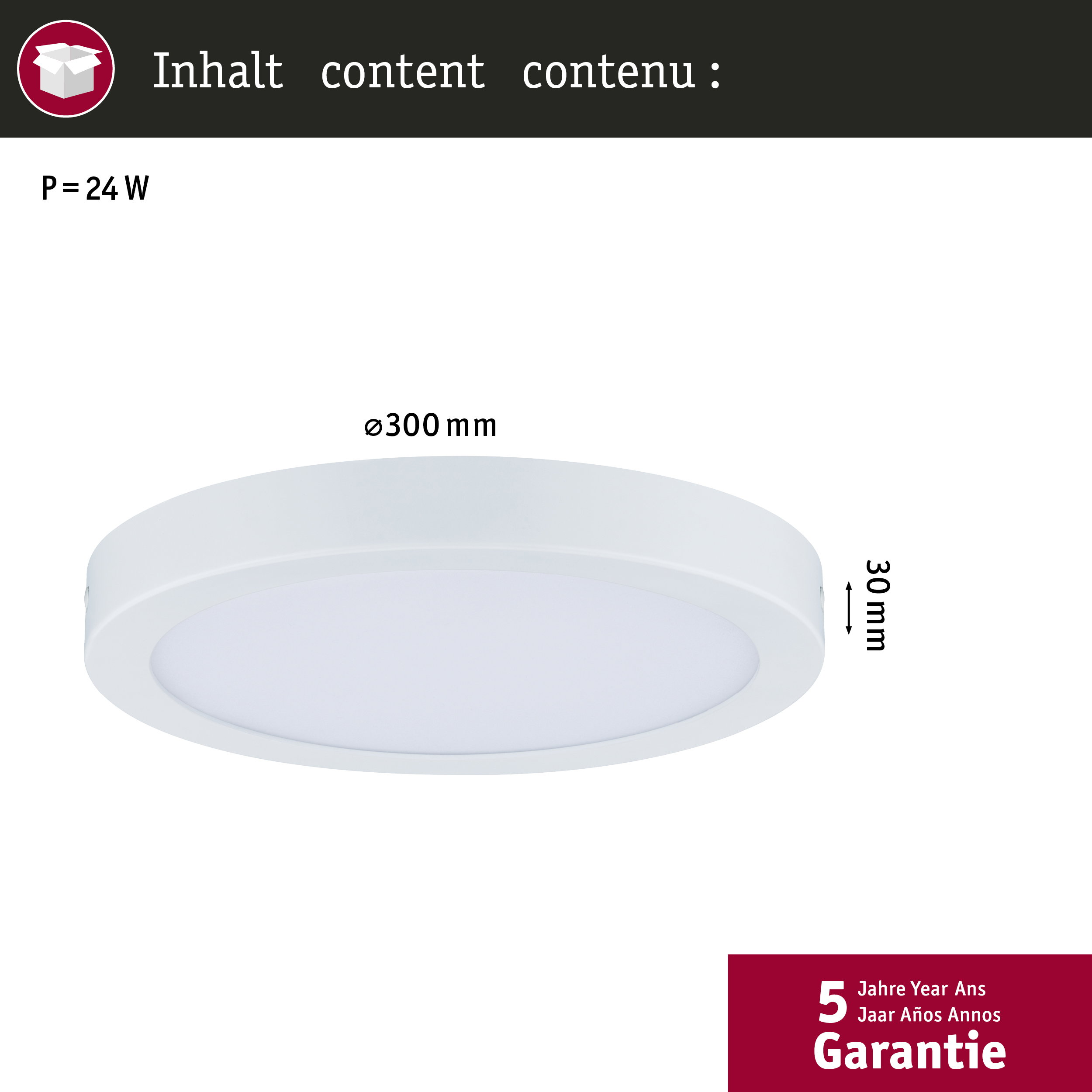 Lampada da soffitto bianca, diametro 300 mm, altezza 30 mm, 24W, garanzia 5 anni.