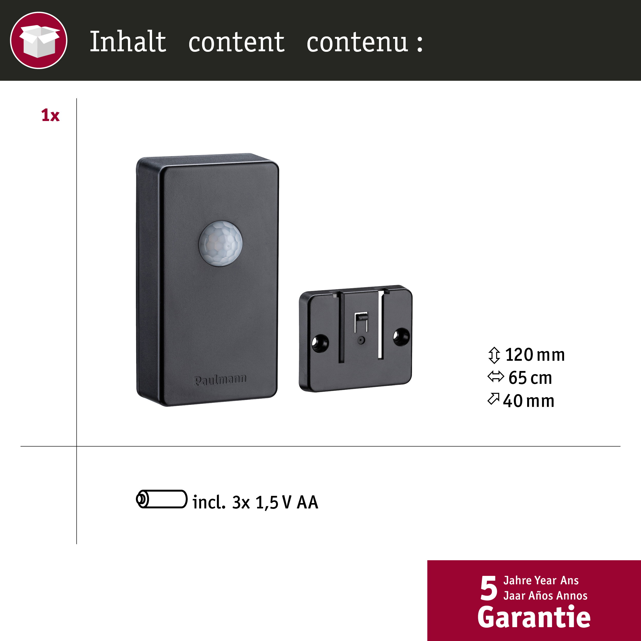 Czarny czujnik ruchu i uchwyt, wymiary 120x65x40mm, w zestawie 3 baterie AA.