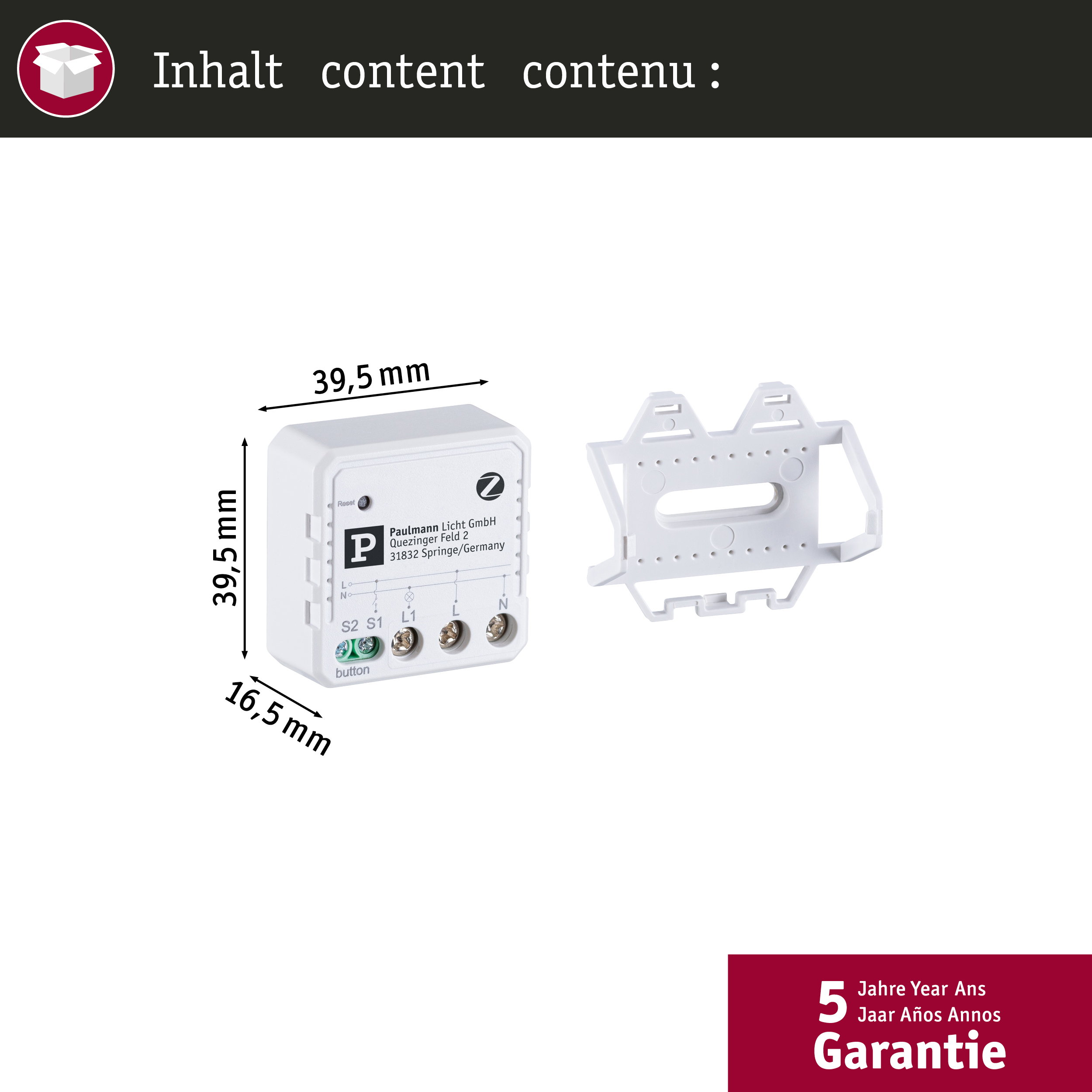Ein weißer Lichtschalter mit Maßen und ein weißer Halter.