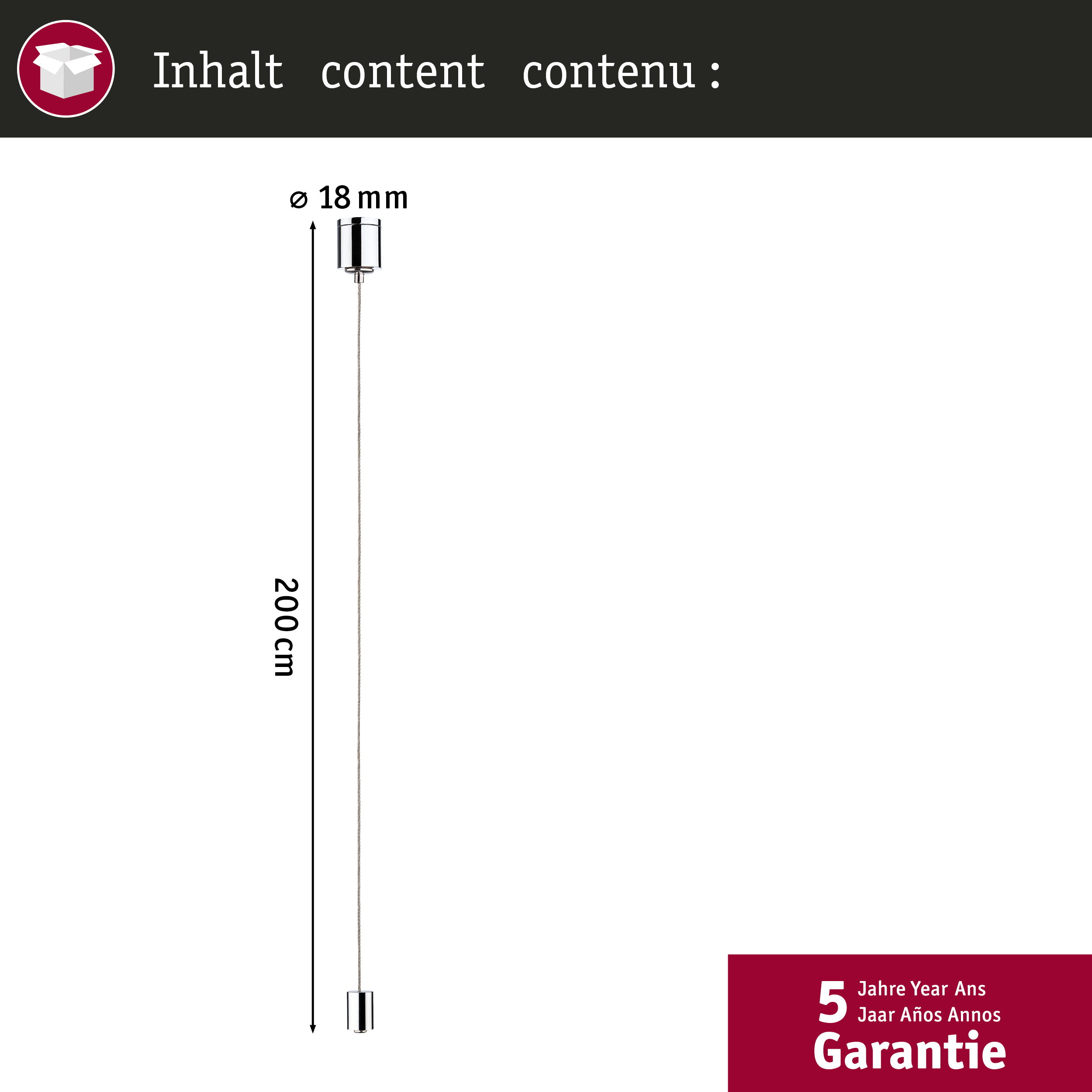 Ein 200 cm langes Kabel mit 18 mm Durchmesser und silbernen Endstücken.