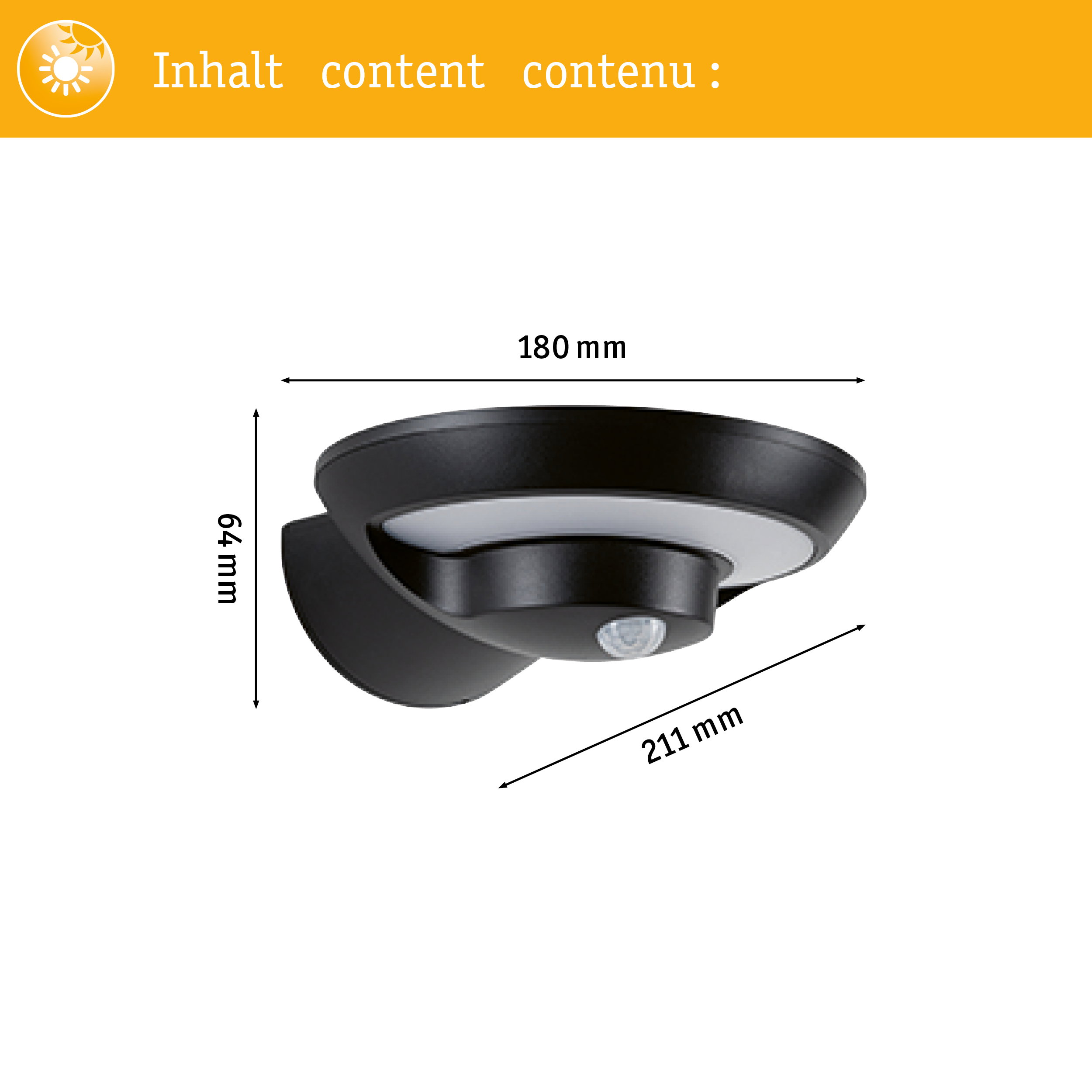 Schwarze Wandleuchte mit Bewegungsmelder, 180mm breit, 64mm hoch.